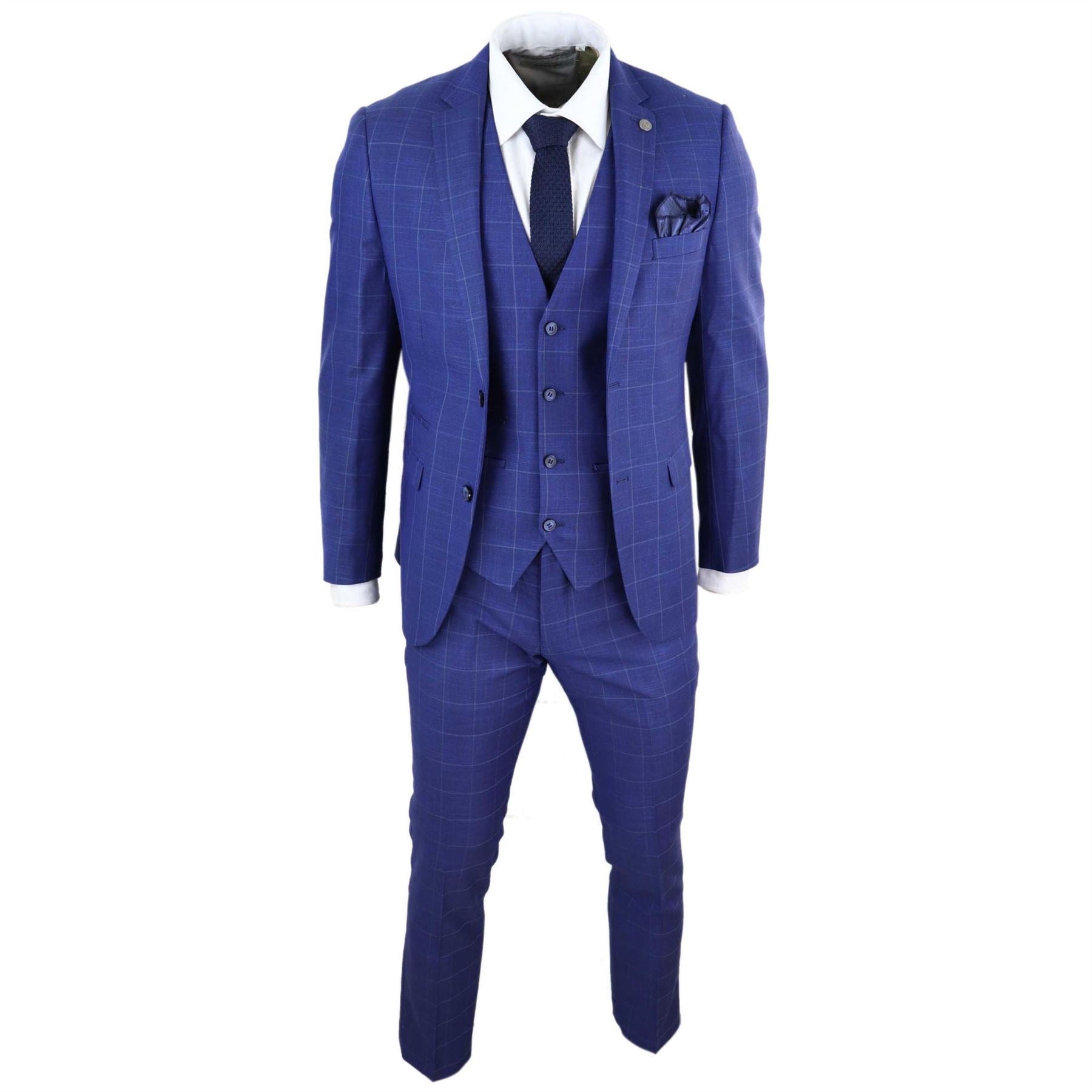 Mens 3 Piece Suit Royal Blue Prince Of Wales Check Suit Classic Wedding Formal