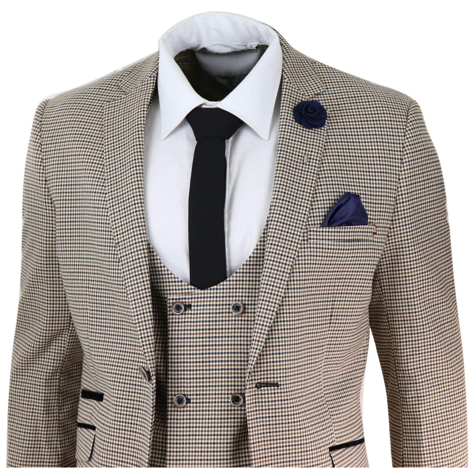 Mens Beige Navy Check Suit Vintage Classic Prince Of Wales Tailored Fit Wedding