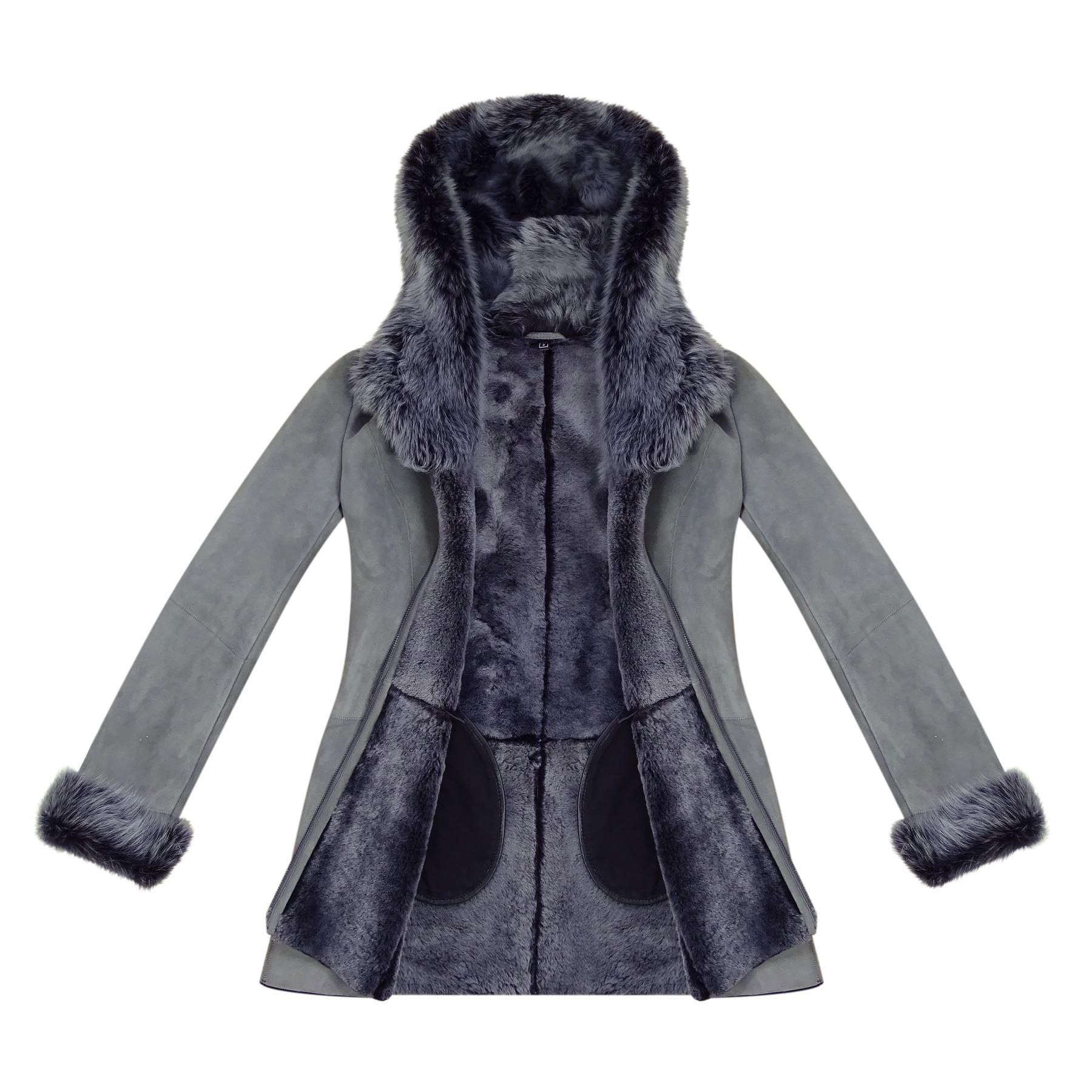 Grey Ladies Long Suede Real Toscana Sheepskin Coat Zipped Hood Tailored Fit - Knighthood Store