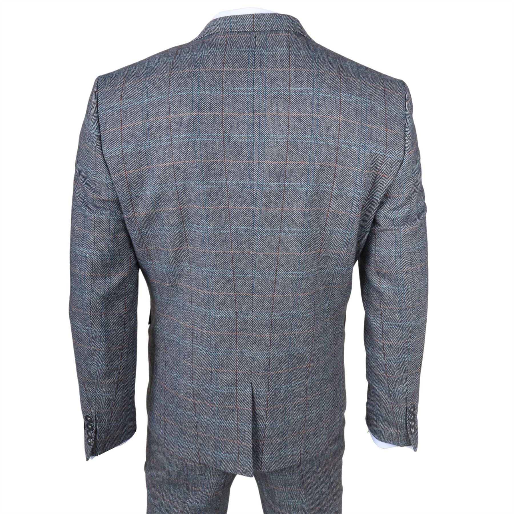 STZ74 - Men's 3 Piece Suit Wool Tweed Light Blue Grey Check