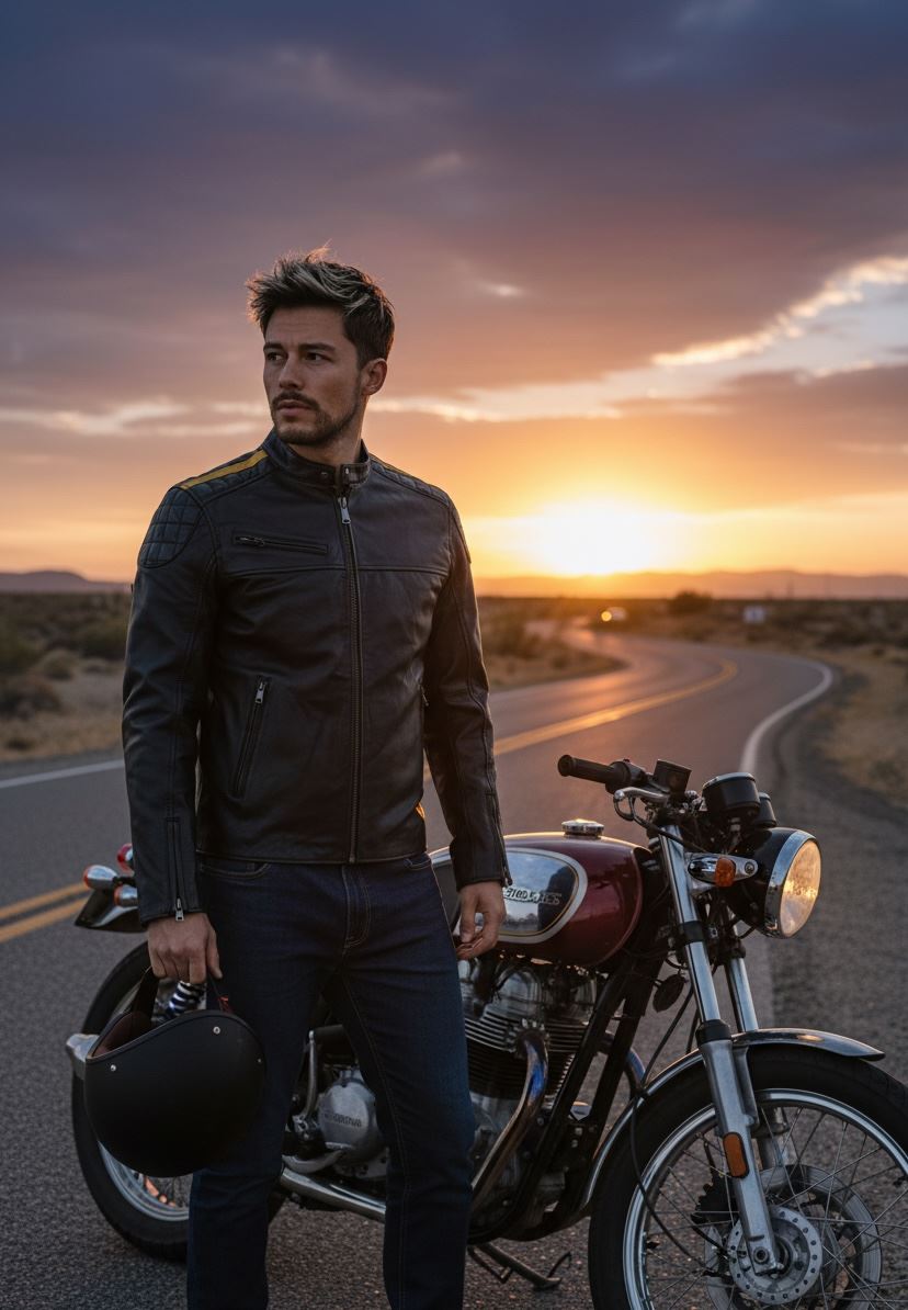 Men's Leather Motorcycle Jacket Distressed Black Biker Coat