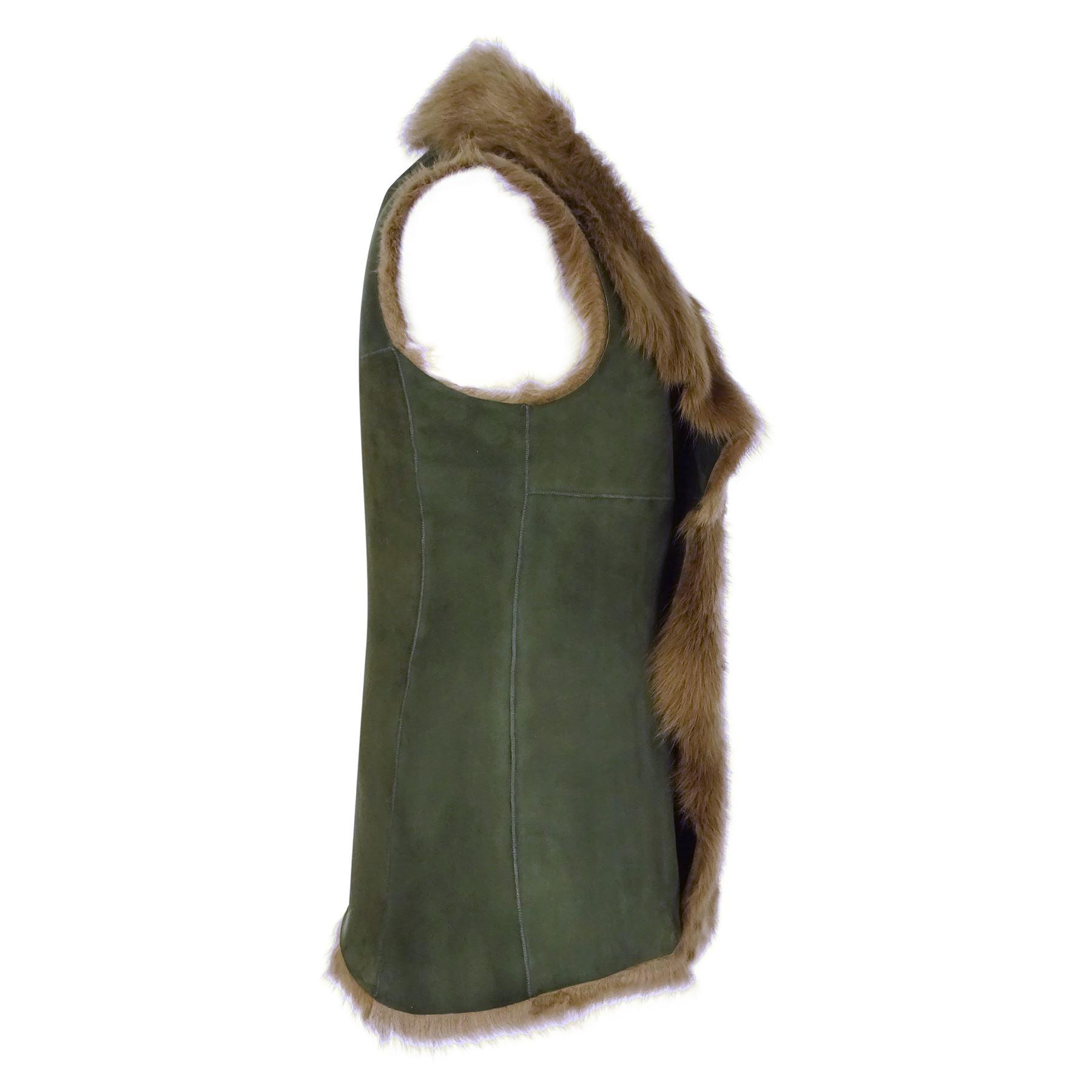 Ladies Women Real Spanish Shearling Sheepskin Toscana Olive Long Waistcoat Gilet - Knighthood Store