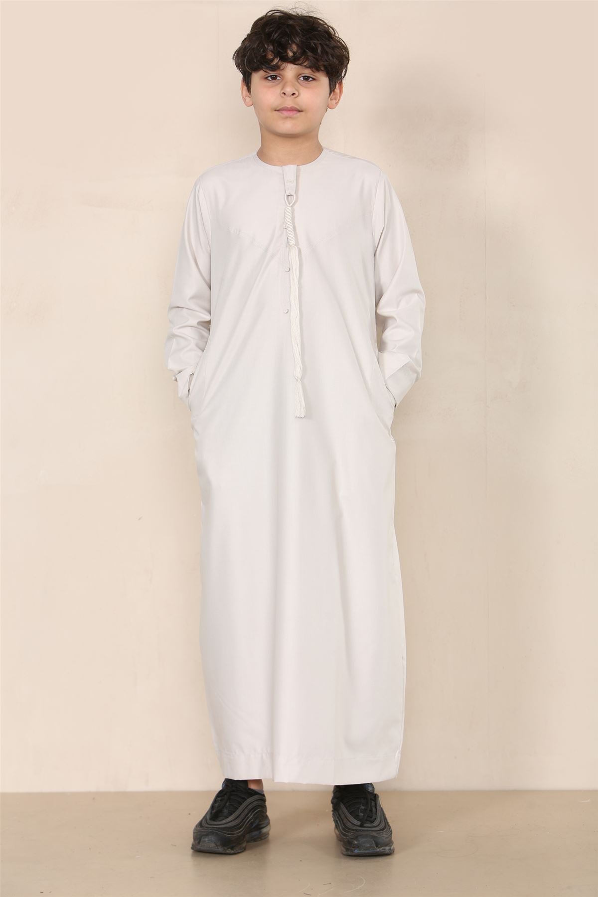 Boy's Thobe Emirati Omani Jubba Islamic Clothing Muslim Kaftan Eid Robe String Tassel