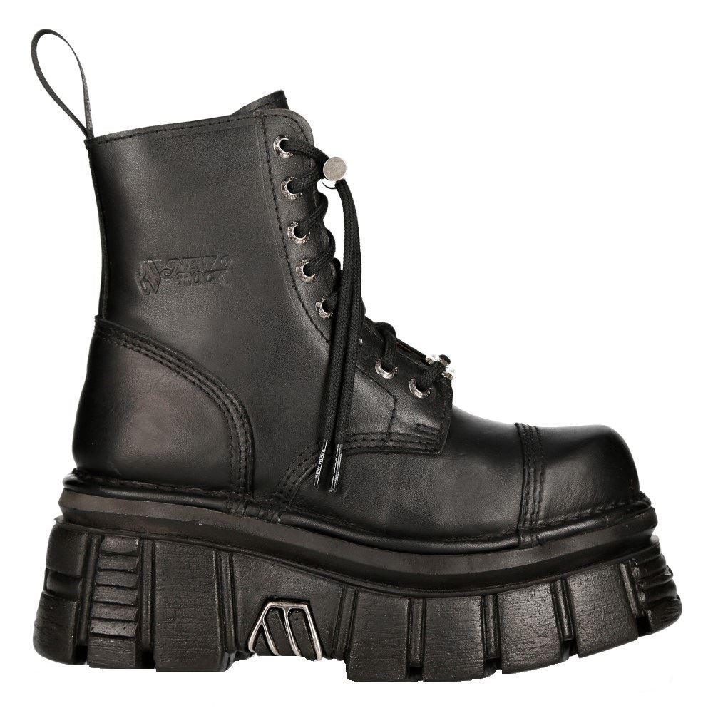 New Rock M-NewMILI083-S21 TOWER COMBAT BOOTS Black Leather Platform Biker Shoes - Knighthood Store
