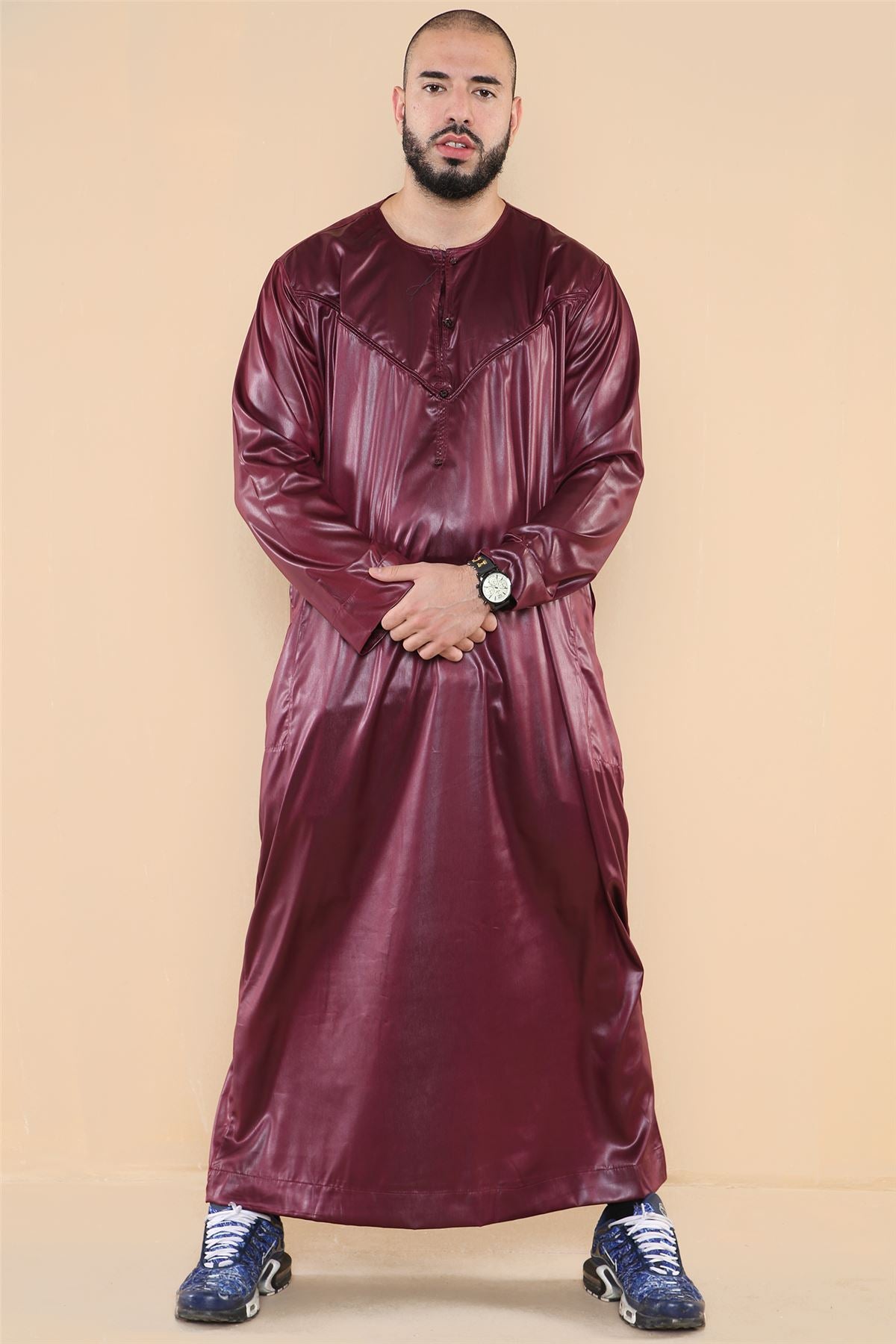 Mens Thobe Jubba Islamic Clothing Muslim Kaftan Emirati Omani Robe Satin Shiny