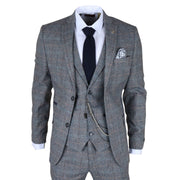 STZ74 - Men's 3 Piece Suit Wool Tweed Light Blue Grey Check