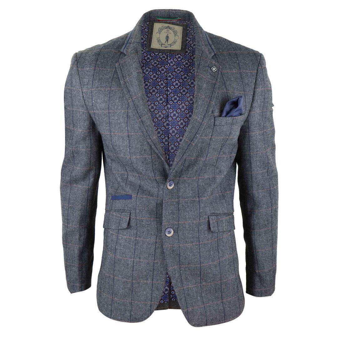 Mens Tweed Herringbone Check Grey Navy Brown Vintage Fit Blinders Blazer - Knighthood Store