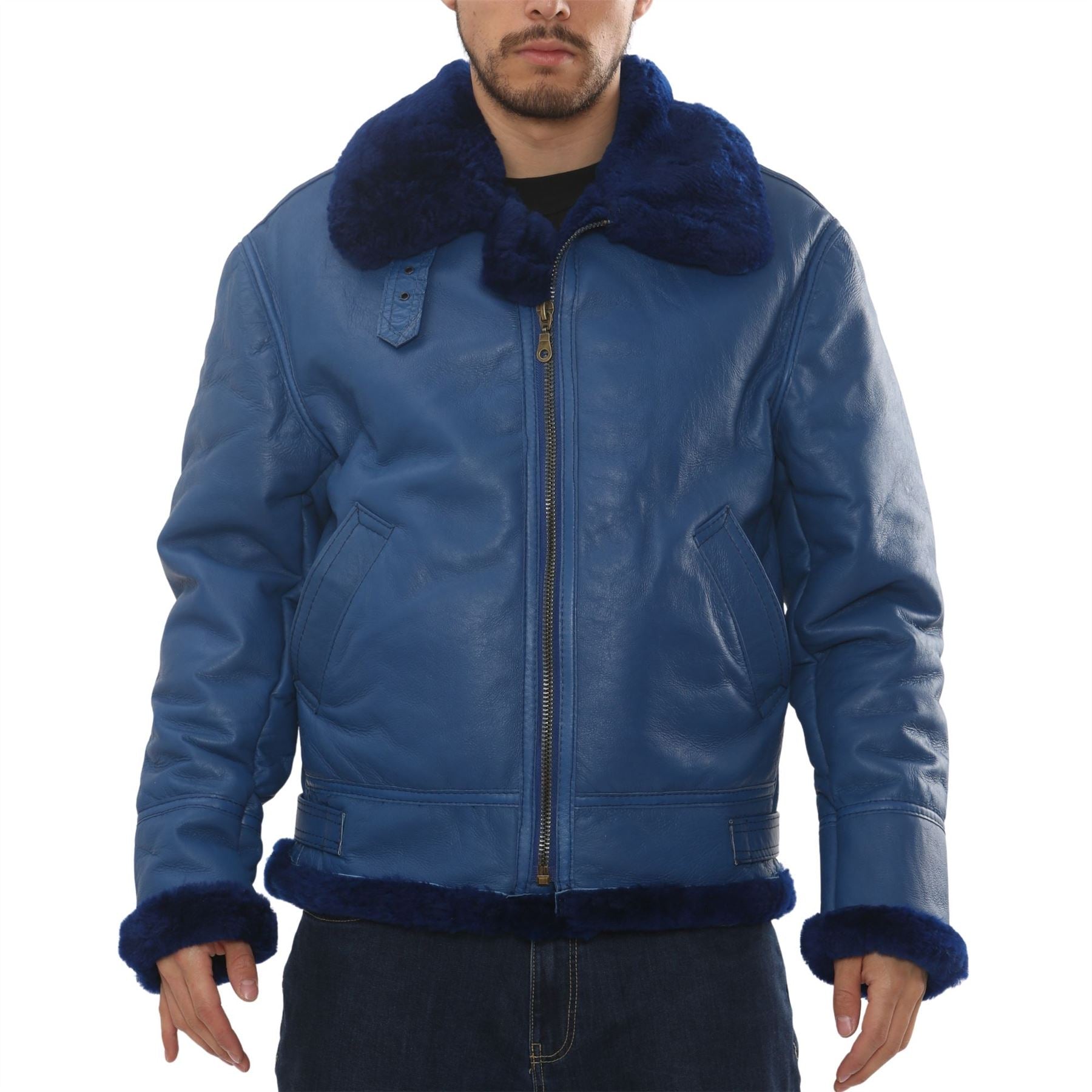 Men's Blue Shearling Leather B3 Aviator Jacket