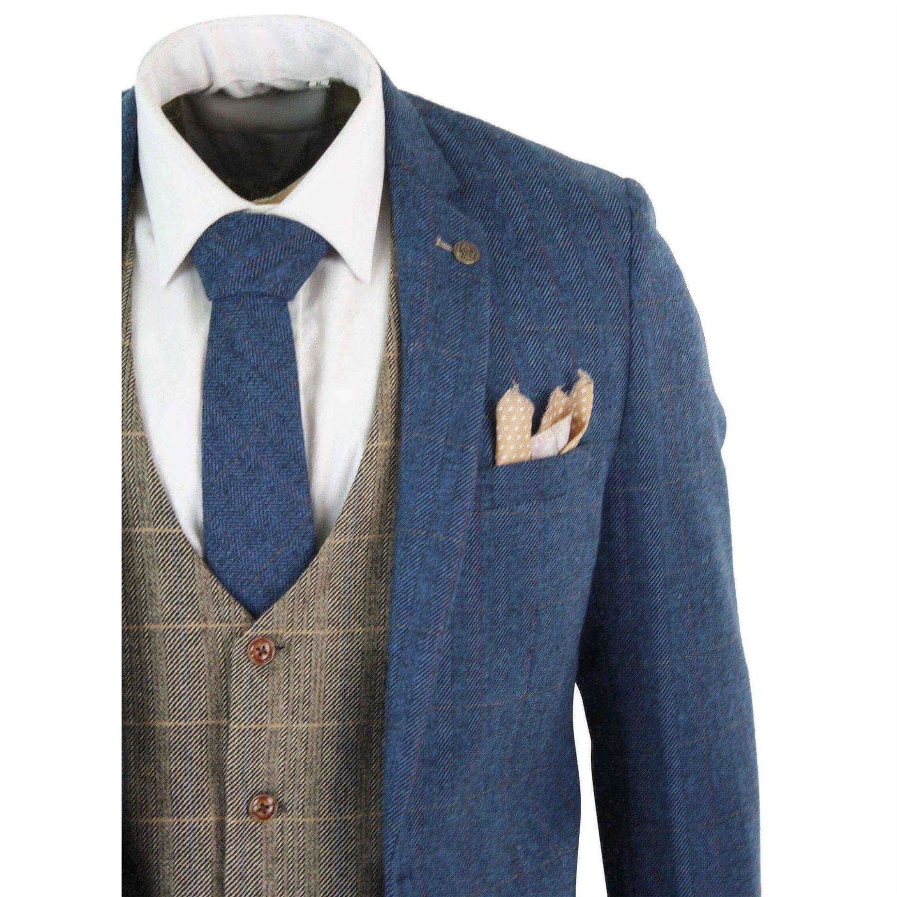 Mens Blue Tan Brown 3 Piece Herringbone Tweed Check Vintage Tailored Fit Suit