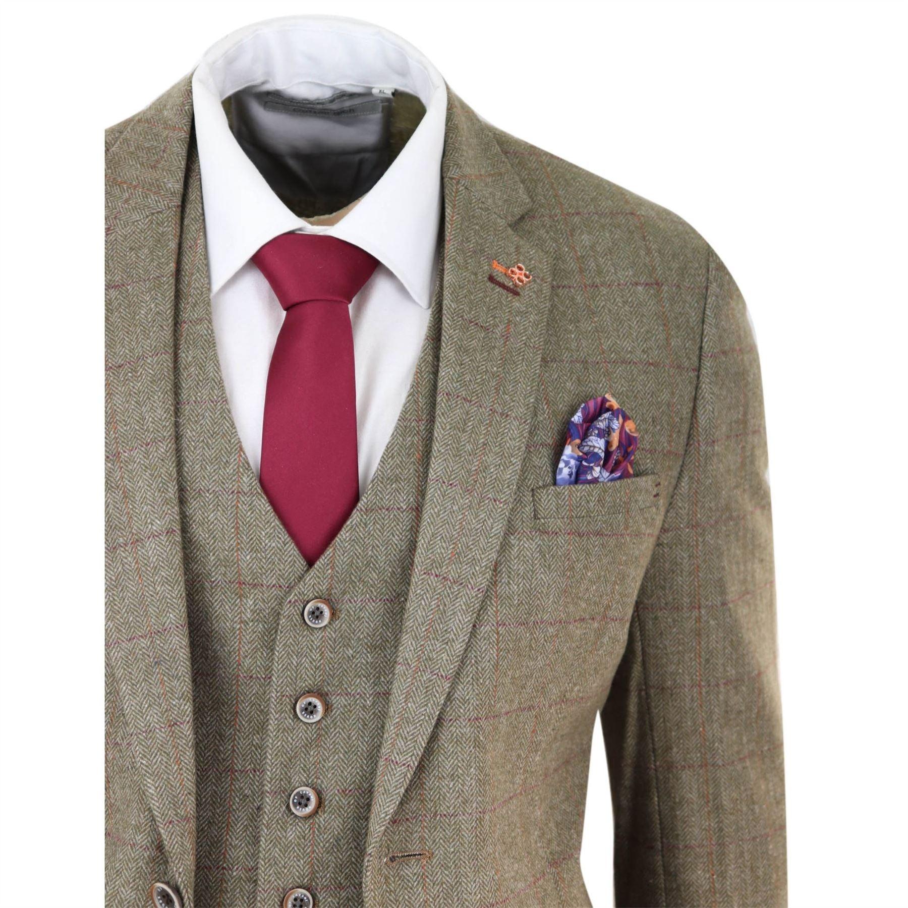 Mens Tweed Check Olive Green Wine Suit Tailored Fit Wedding - Knighthood Store