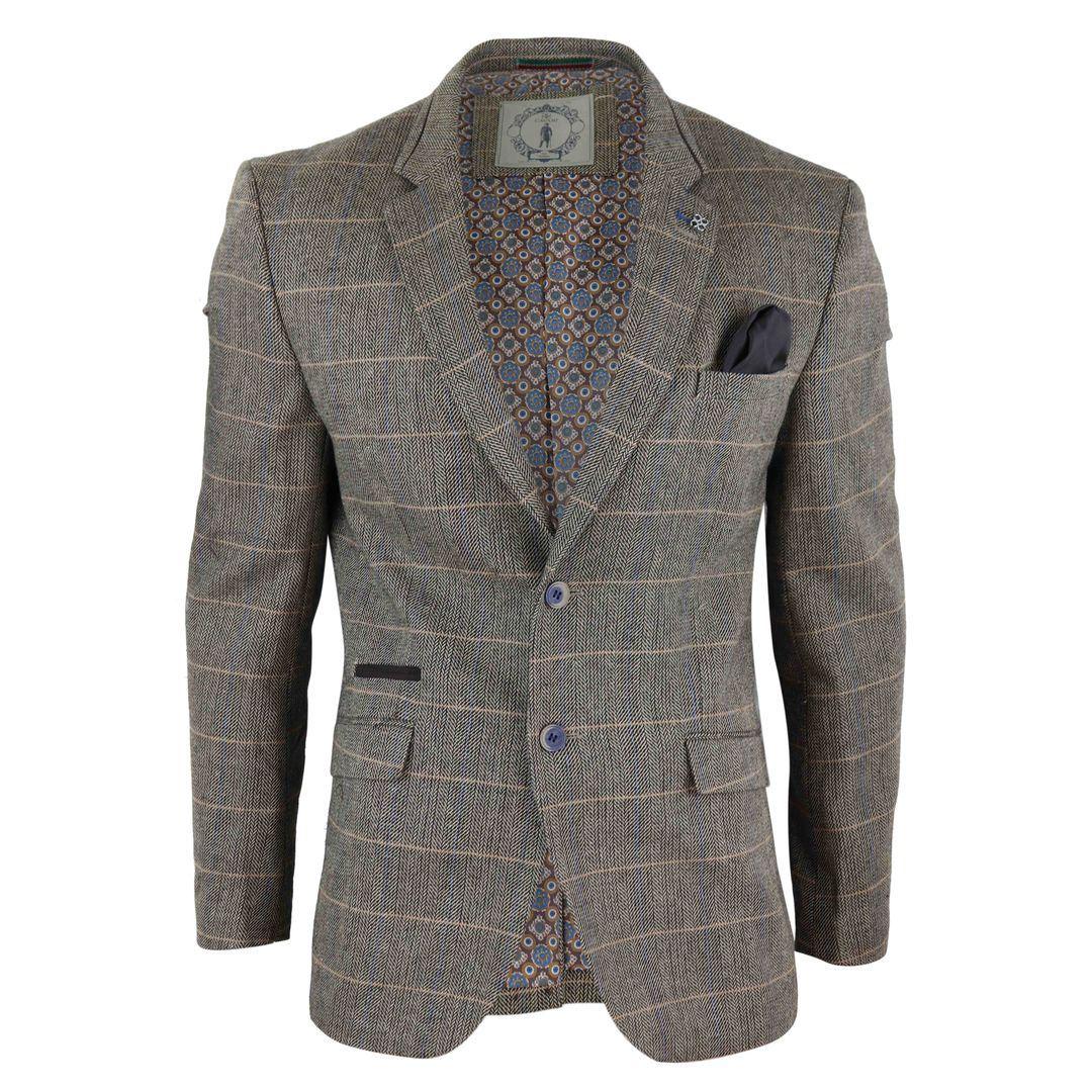 Mens Tweed Herringbone Check Grey Navy Brown Vintage Fit Blinders Blazer - Knighthood Store