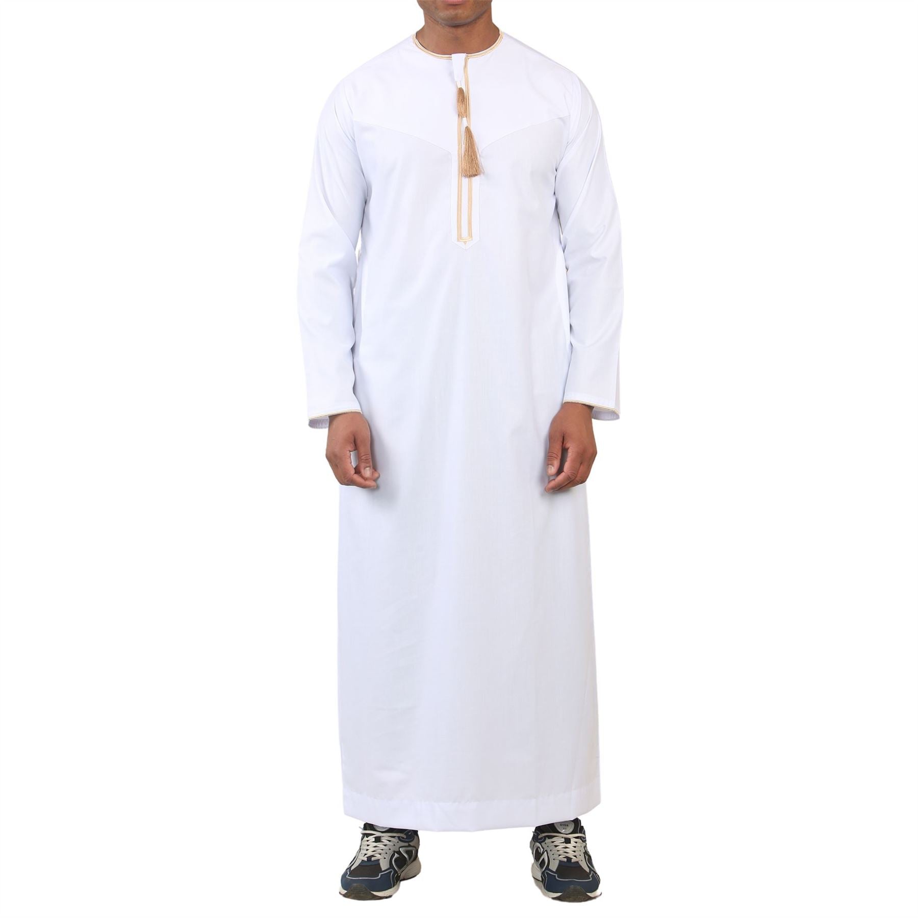Men's Thobe Emirati Omani Jubba Islamic Clothing Muslim Kaftan Eid Robe Arab Gold Tassel Embroidery