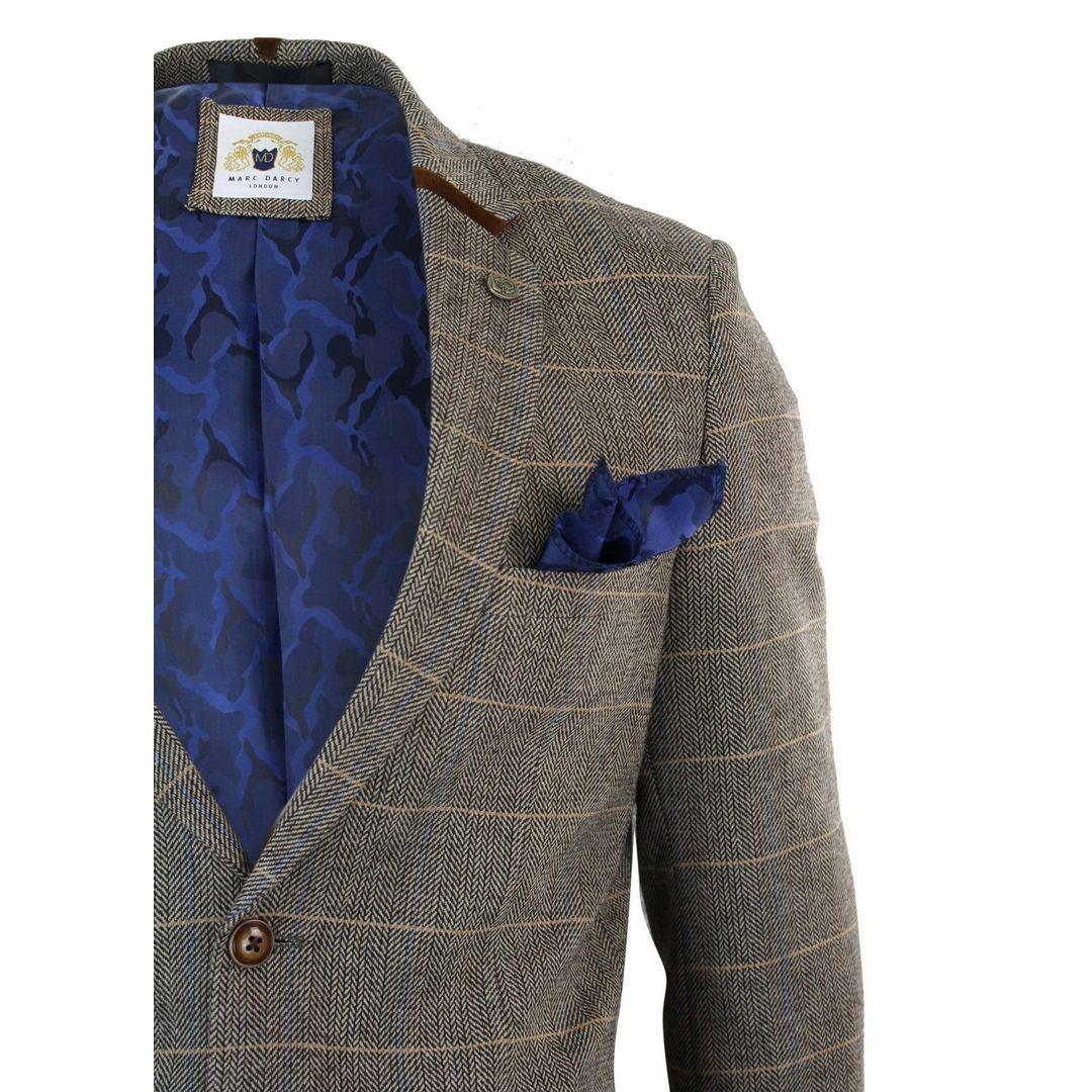 Mens Herringbone Tweed Marc Darcy Tan Brown Slim Fit 2 Button Blazer Check Jacket - Knighthood Store