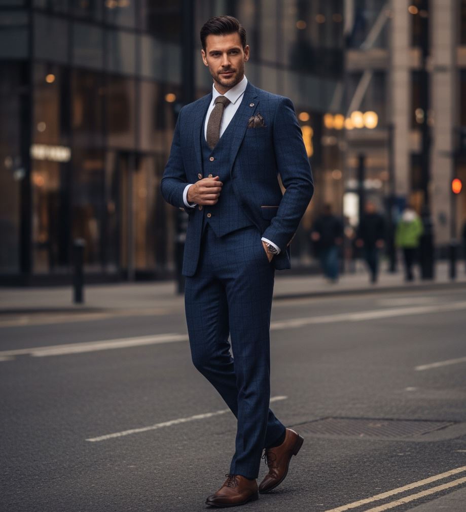 IM11 - Men's Navy 3 Piece Plaid Check Suit