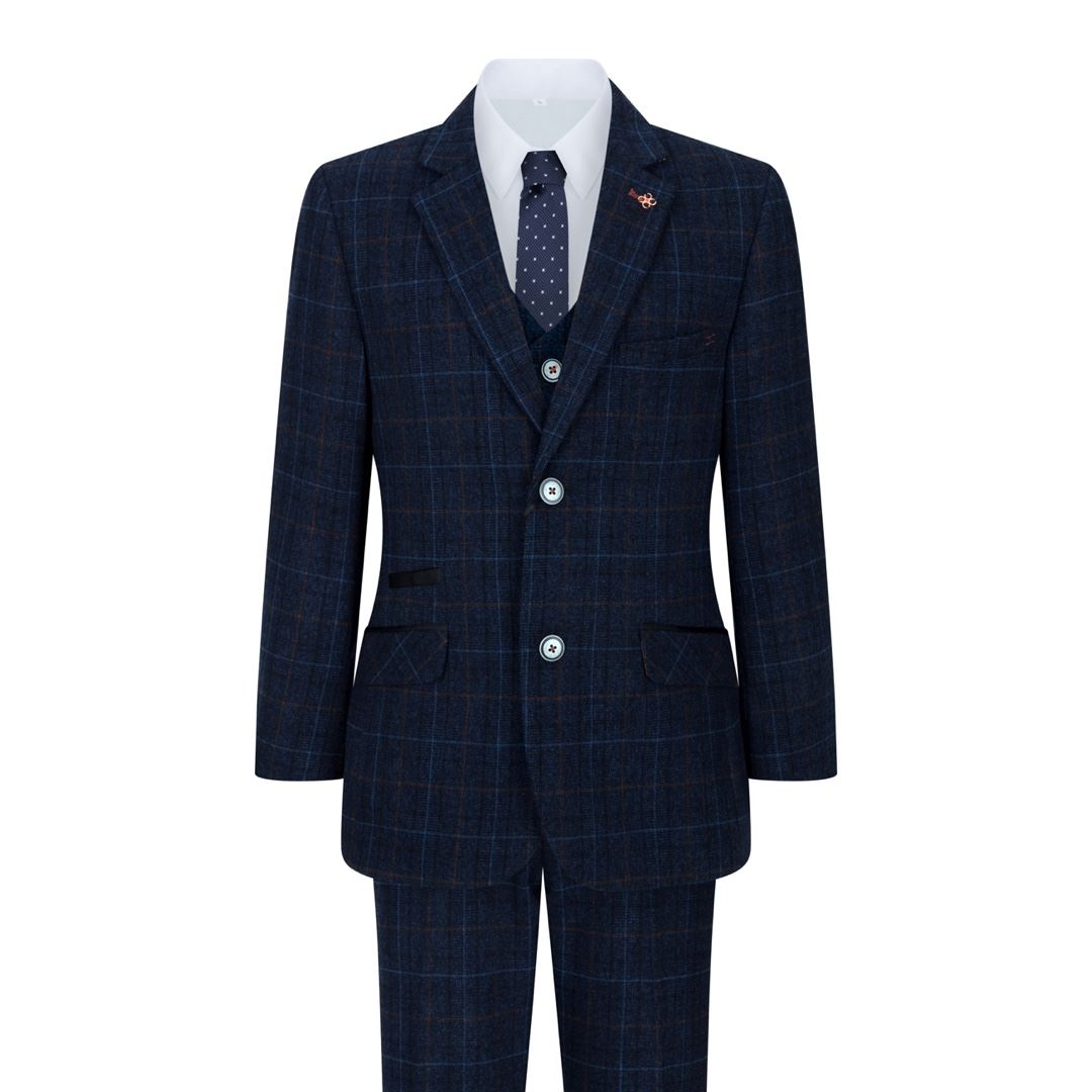 Boys Blue 3 Piece Suit Navy Check Wedding Prom Formal Vintage Tailored Fit