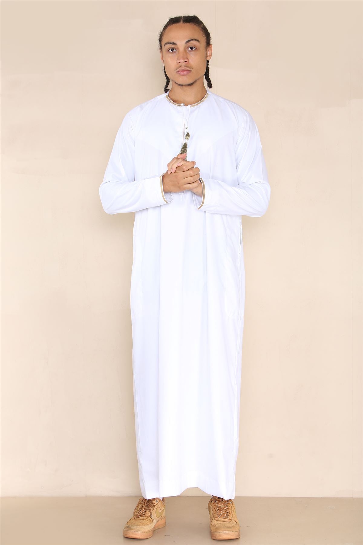 Mens Emirati Omani Thobe Jubba Islamic Clothing Muslim Kaftan Eid Robe Arab String Tassel