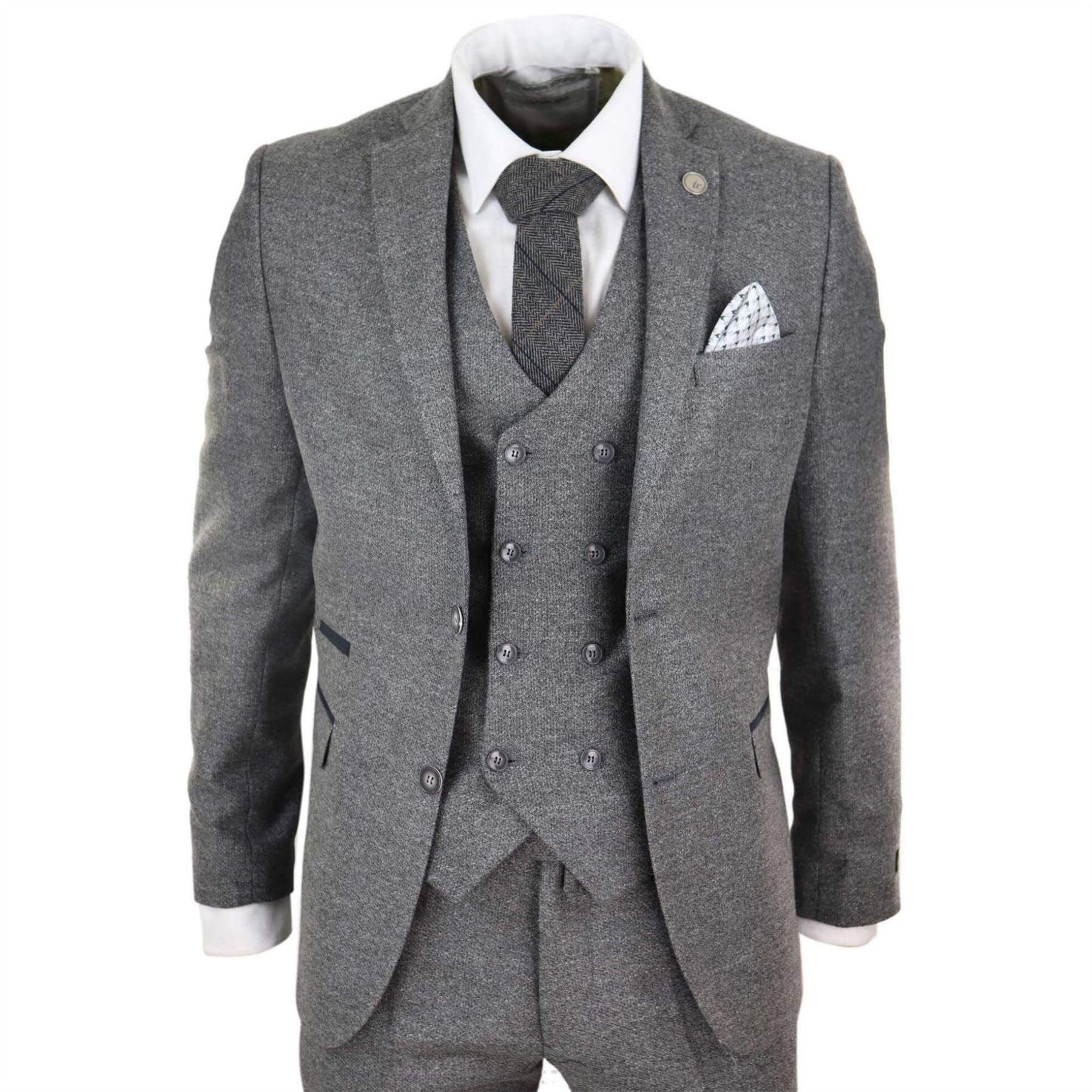 Mens Grey Wool 3 Piece Suit Double Breasted Waistcoat Tweed 1920s - Knighthood Store