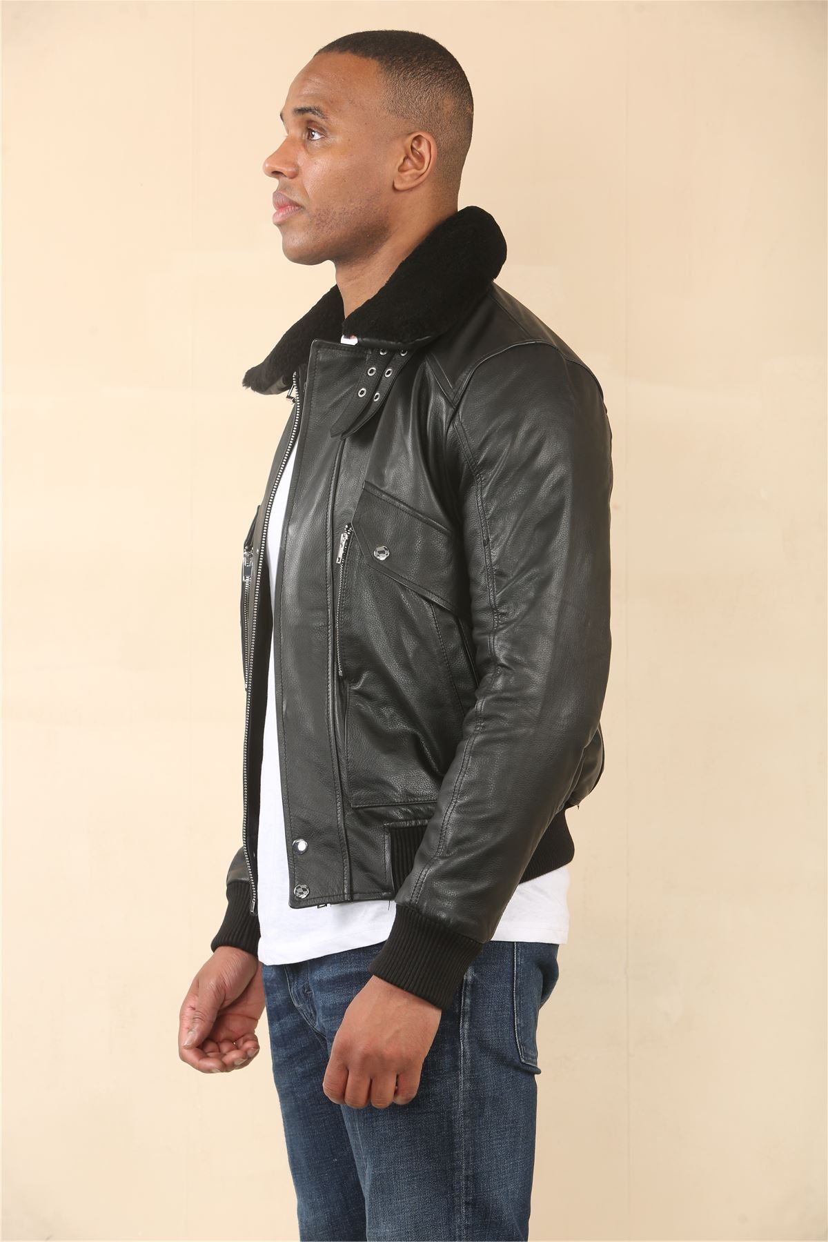 Men's Black Cowhide Aviator Bomber Leather Jacket