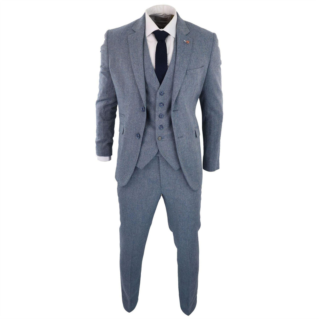 Mens 3 Piece Wool Suit Light Blue Tweed Vintage 1920s Classic 4 Pocket Waistcoat - Knighthood Store