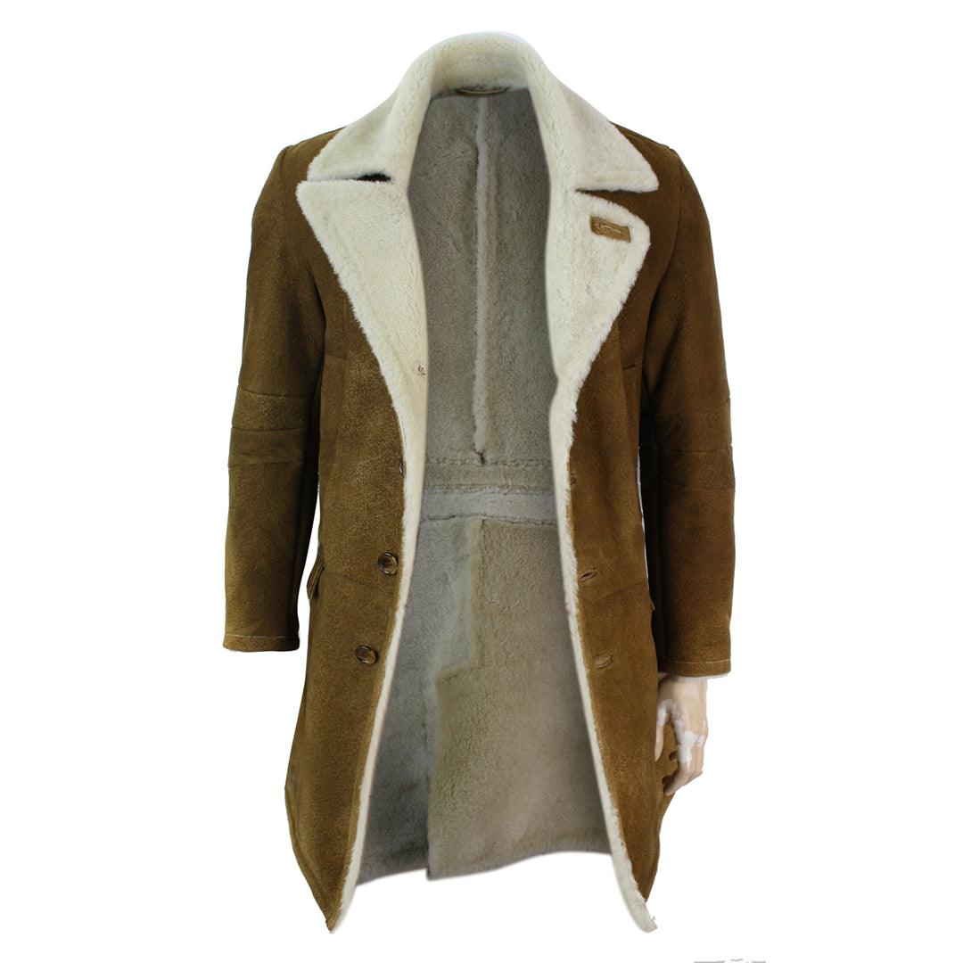 Mens Sherling Sheepskin Tan Brown Crombi 3/4 Overcoat Vintage Retro Winter Warm - Knighthood Store