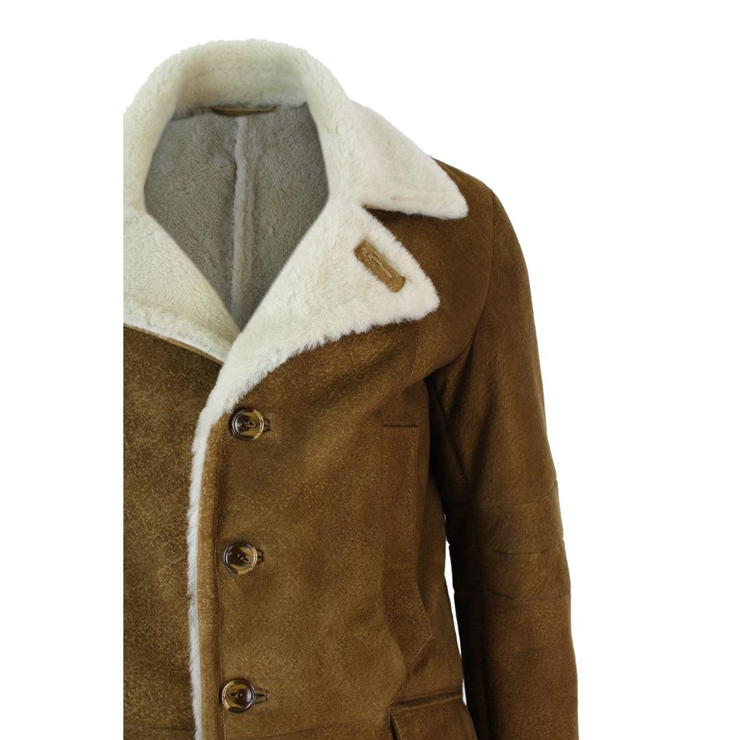 Mens Sherling Sheepskin Tan Brown Crombi 3/4 Overcoat Vintage Retro Winter Warm - Knighthood Store