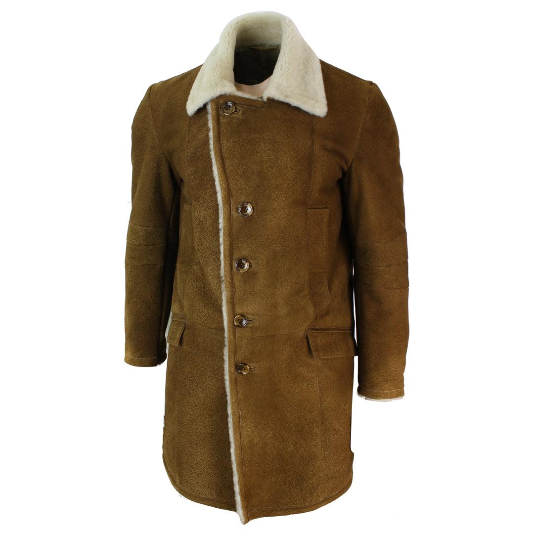 Mens Sherling Sheepskin Tan Brown Crombi 3/4 Overcoat Vintage Retro Winter Warm - Knighthood Store