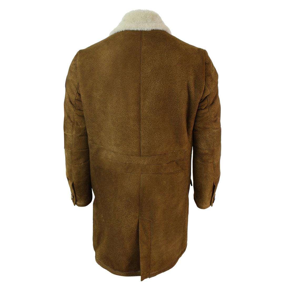 Mens Sherling Sheepskin Tan Brown Crombi 3/4 Overcoat Vintage Retro Winter Warm - Knighthood Store