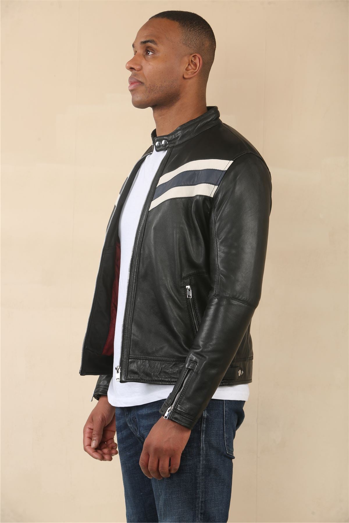 Men's Black Racer Striped Biker Leather Jacket