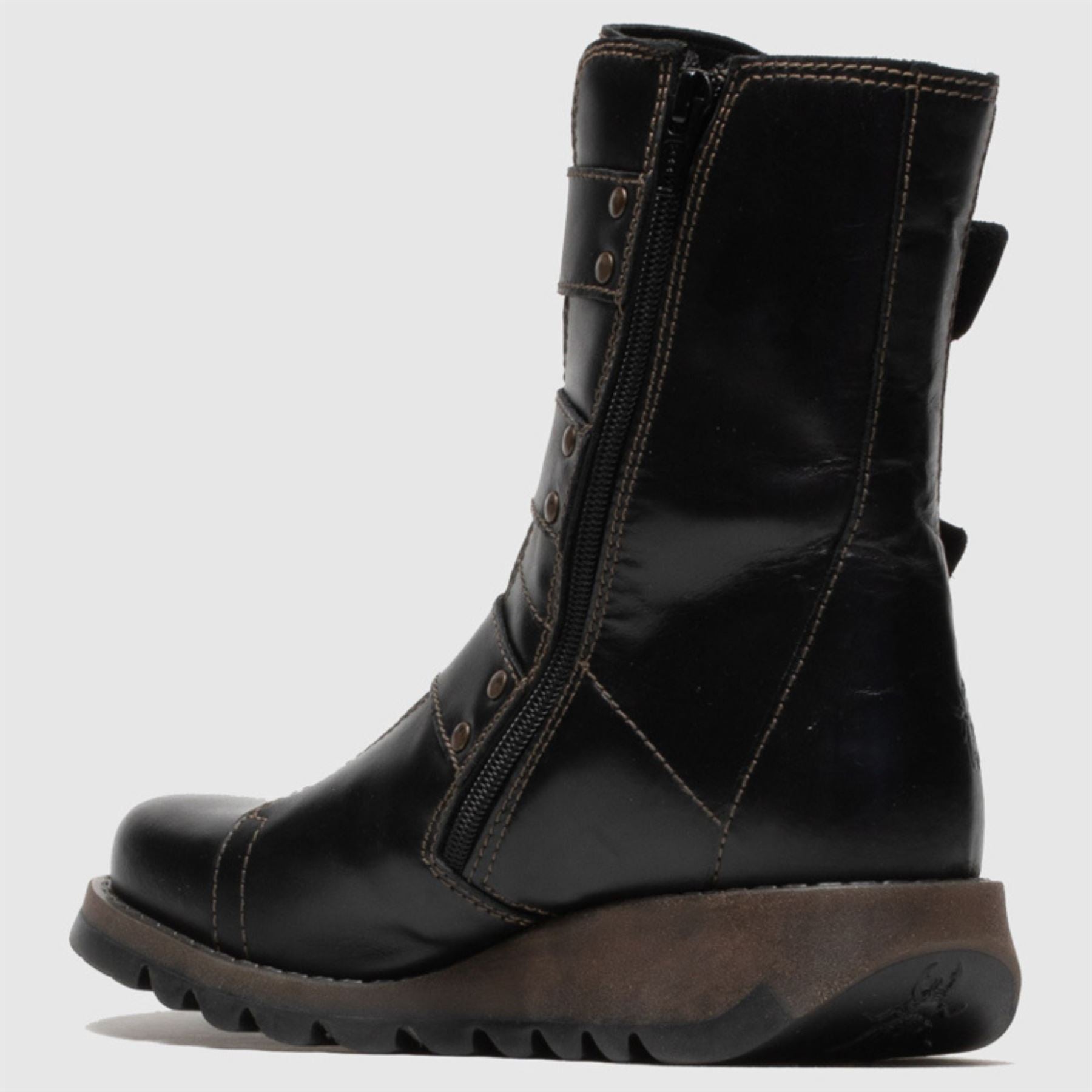 SCOP110FLY - Women's Buckle Strap Leather Biker Ankle Boots