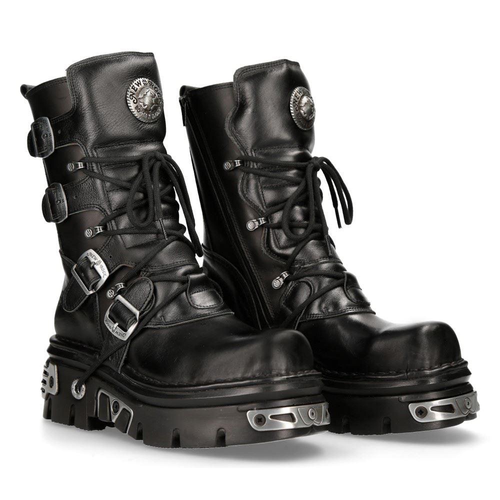 New Rock New Rock 373 S4 Metallic High Boots Black Leather Goth Biker Emo - Knighthood Store
