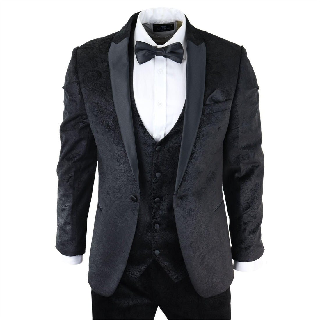 Mens Marc Darcy Velvet Paisley Black Fit 3 Piece Suit Tuxedo Dinner Jacket Wedding - Knighthood Store
