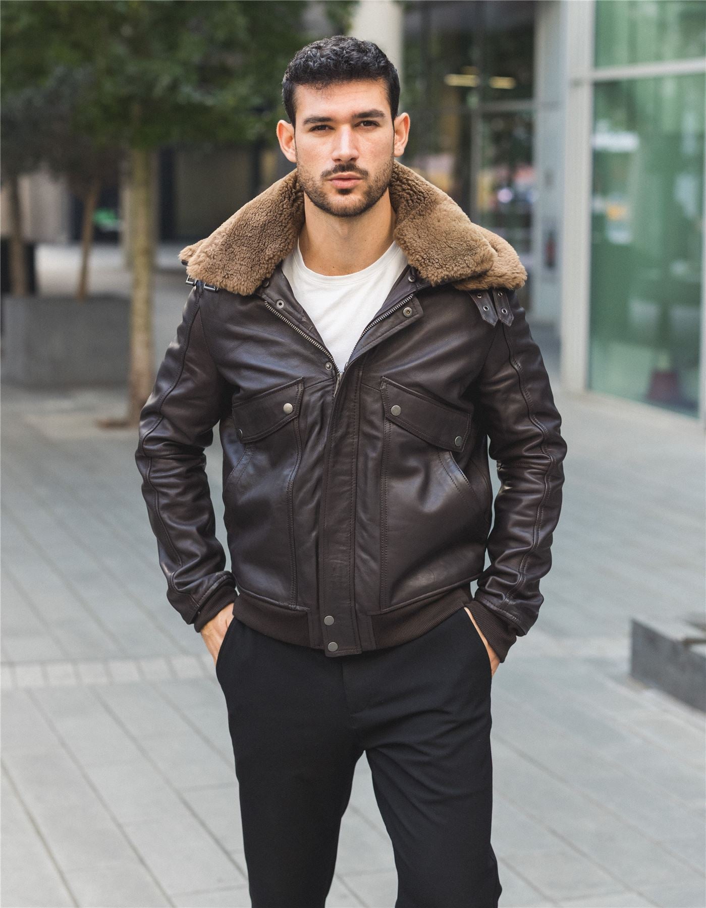 Men's Brown Leather Bomber Aviator Style Jacket
