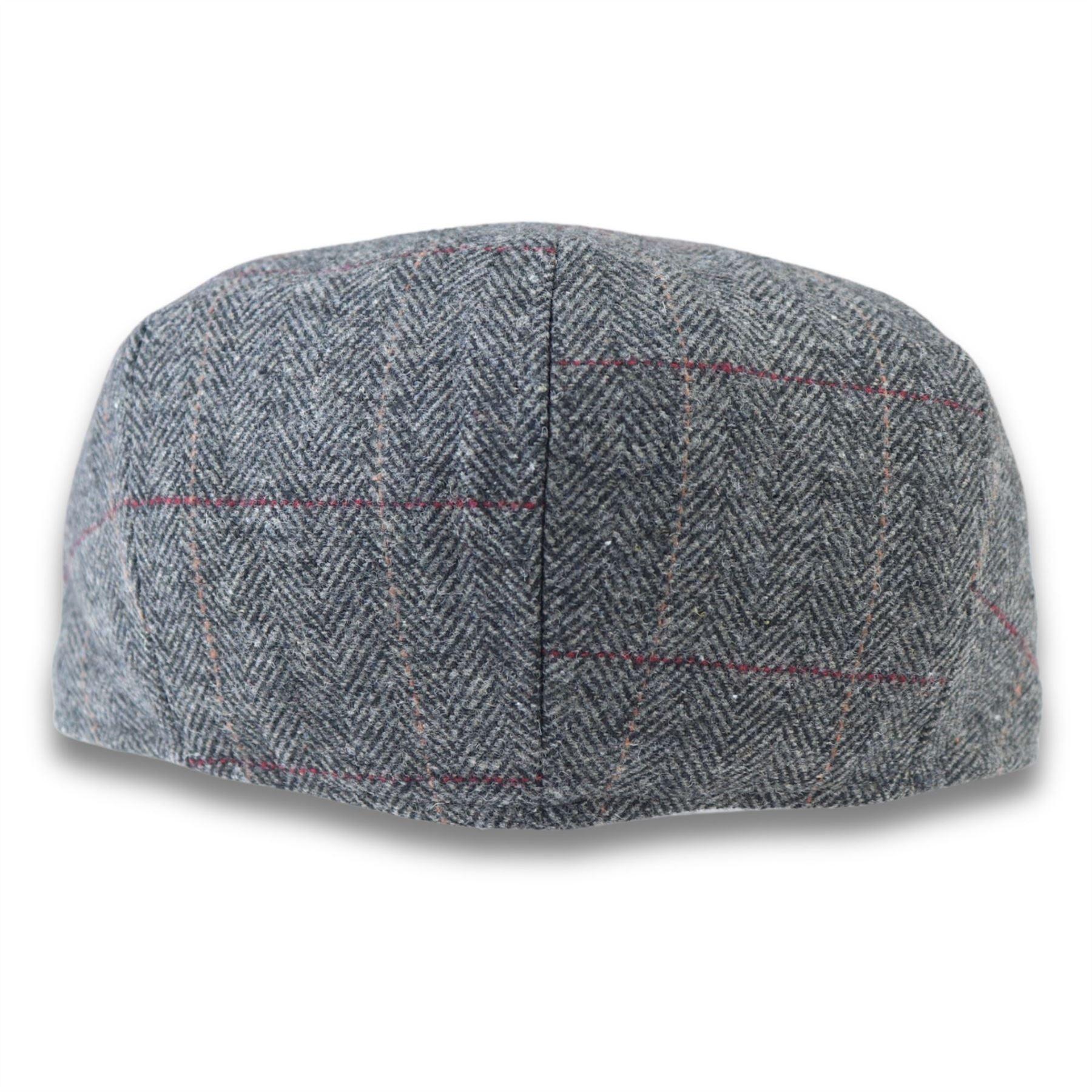 Men's Flat Cap Wool Blend Tweed Herringbone Grey Check Newsboy Baker Boy 8 Panel Hat - Knighthood Store