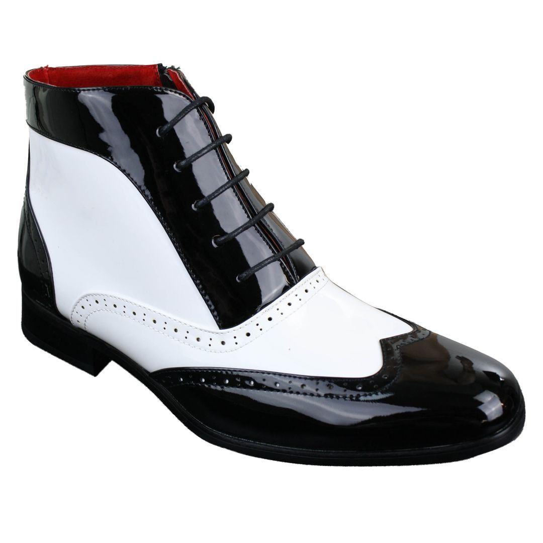 Mens Shiny Patent Brogues Ankle Shoes Boots Laced Smart Casual White Black - Knighthood Store