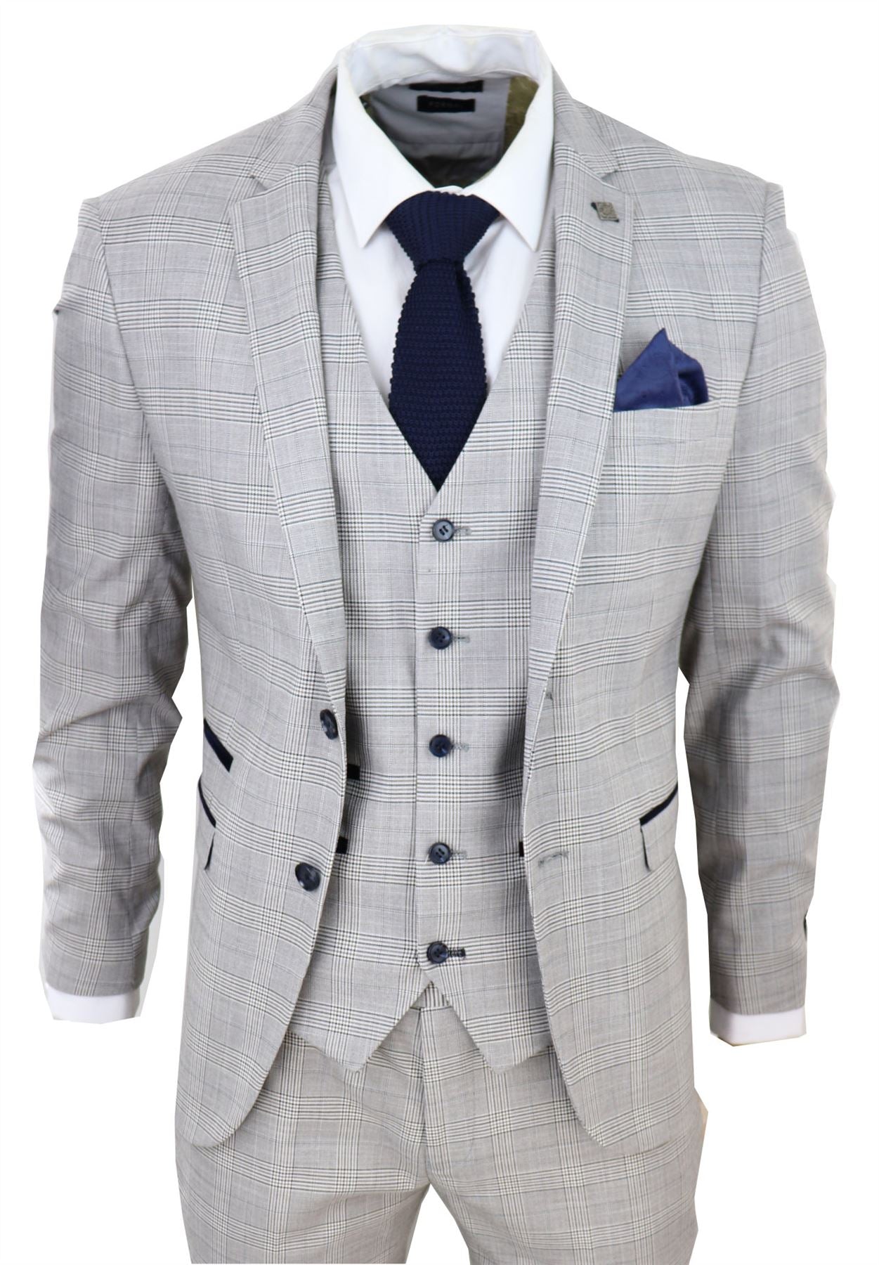 Mens Light Grey 3 Piece Suit Navy Blue Check Velvet Trims Wedding Tailored Fit Classic