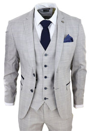 Mens Light Grey 3 Piece Suit Navy Blue Check Velvet Trims Wedding Tailored Fit Classic