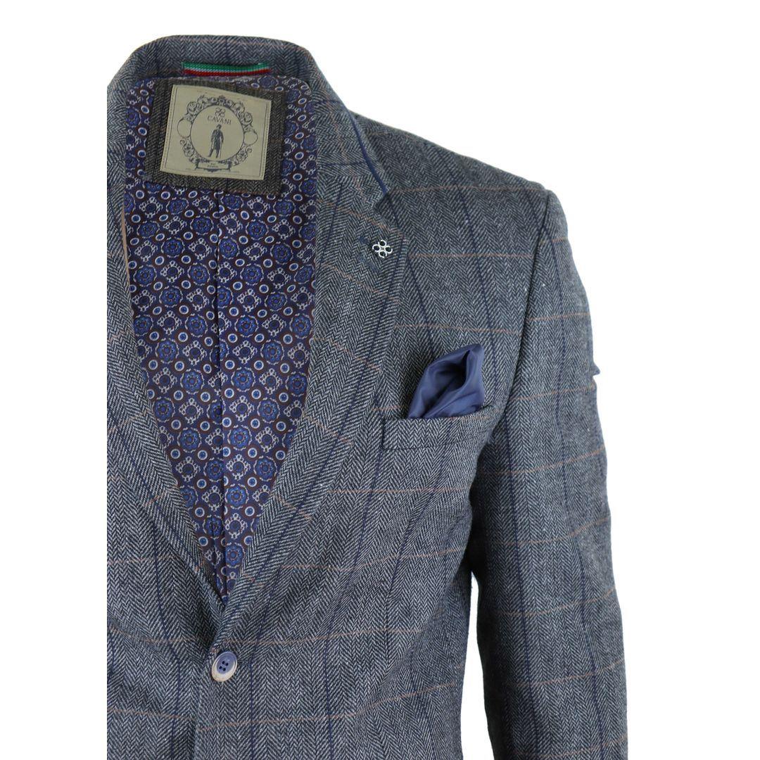 Mens Tweed Herringbone Check Grey Navy Brown Vintage Fit Blinders Blazer - Knighthood Store
