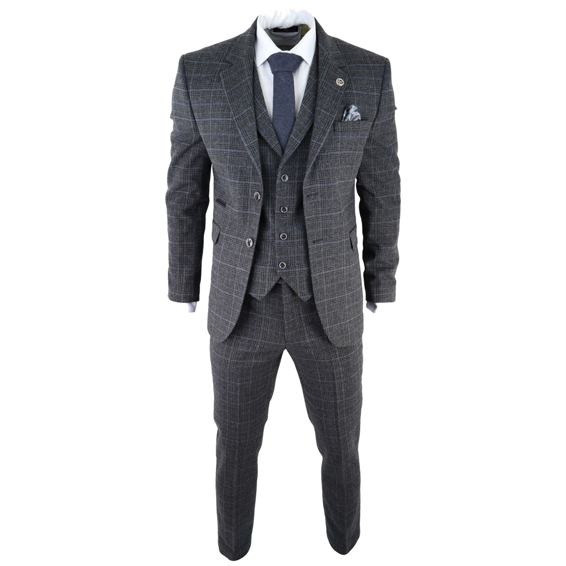 Mens Grey Tweed 3 Piece Suit Blue Check Vintage 1920s Gatsby Blinders Tailored Fit