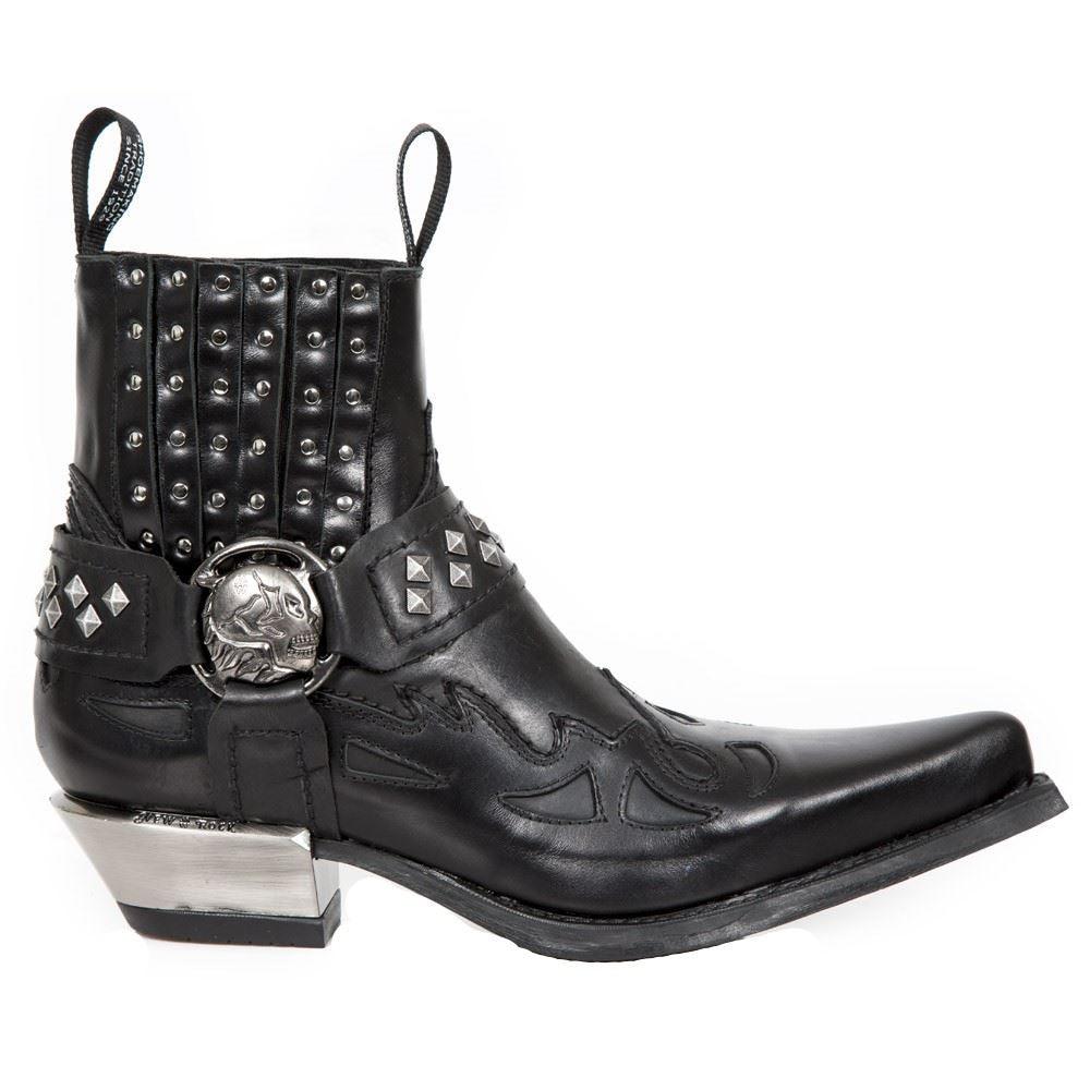 New Rock M.7950-S1 Black Ankle Boots Western Goth Strap Skull Stud Metal - Knighthood Store