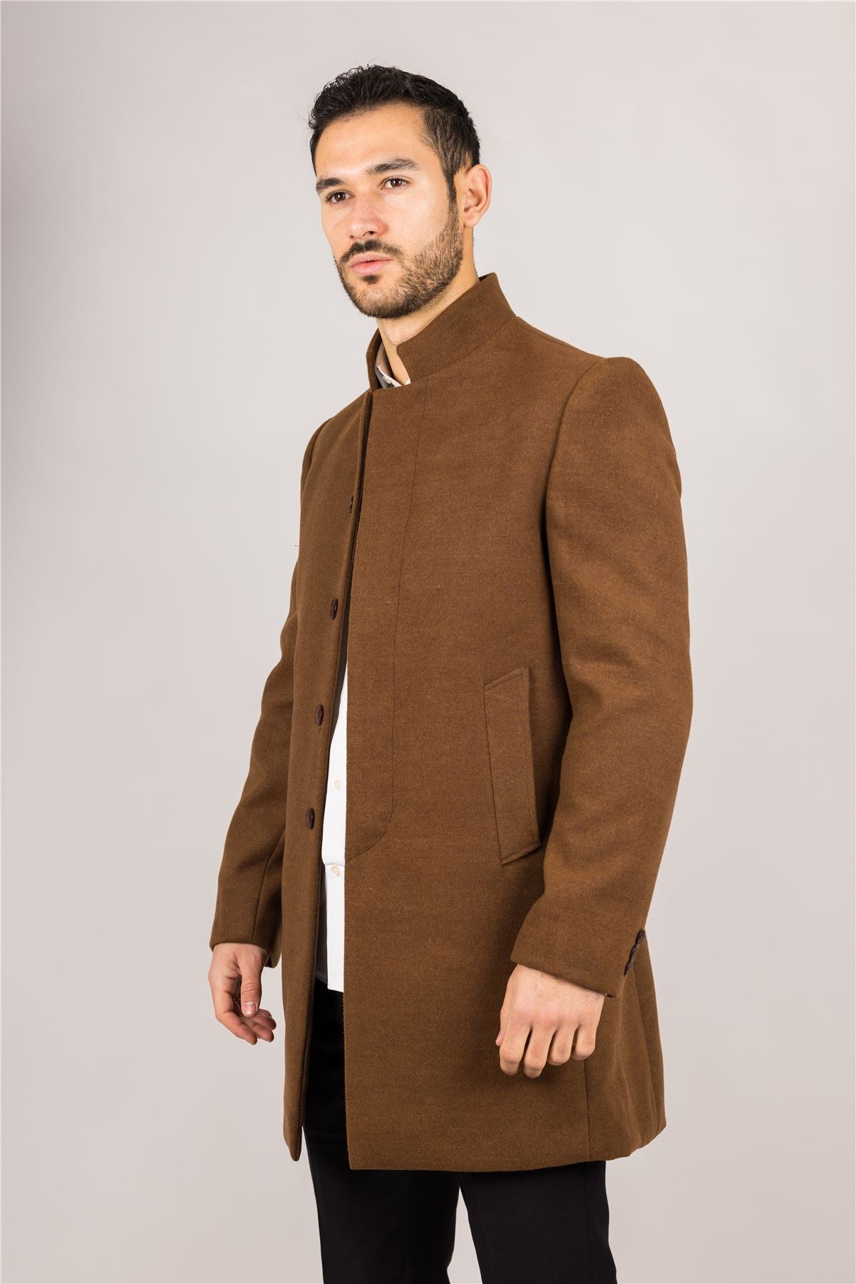 Men's Overcoat Stand Collar Wool Blend Classic Trench Coat Winter Jacket