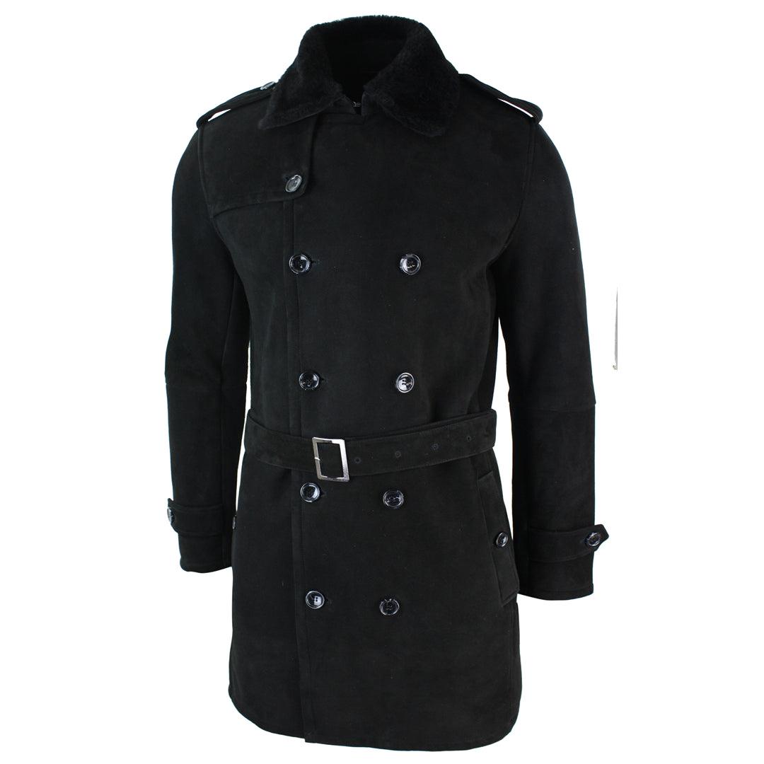 Mens Sherling Sheepskin Black Grey Double Breasted Belted Crombi 3/4 Overcoat - Knighthood Store