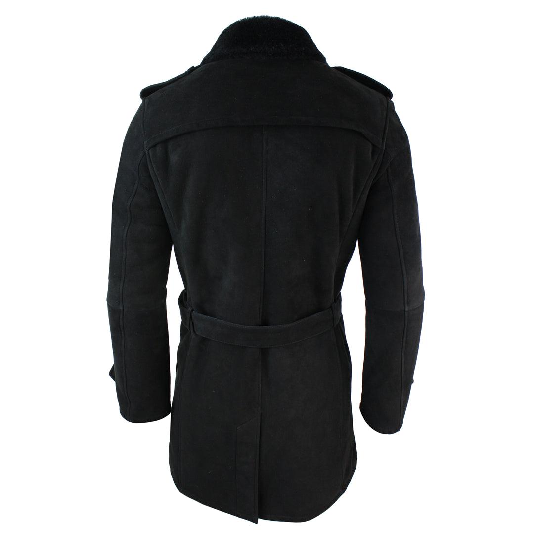Mens Sherling Sheepskin Black Grey Double Breasted Belted Crombi 3/4 Overcoat - Knighthood Store