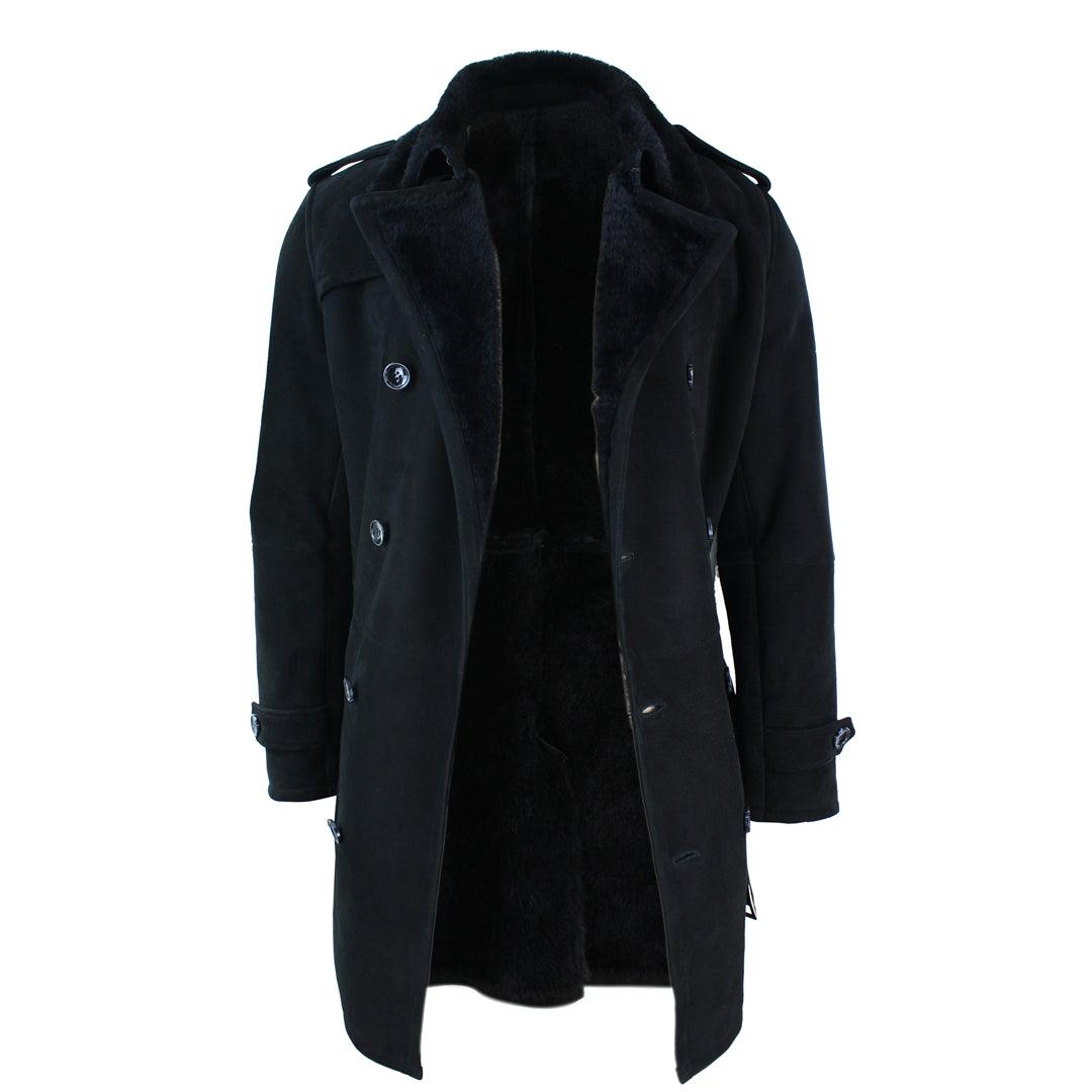 Mens Sherling Sheepskin Black Grey Double Breasted Belted Crombi 3/4 Overcoat - Knighthood Store
