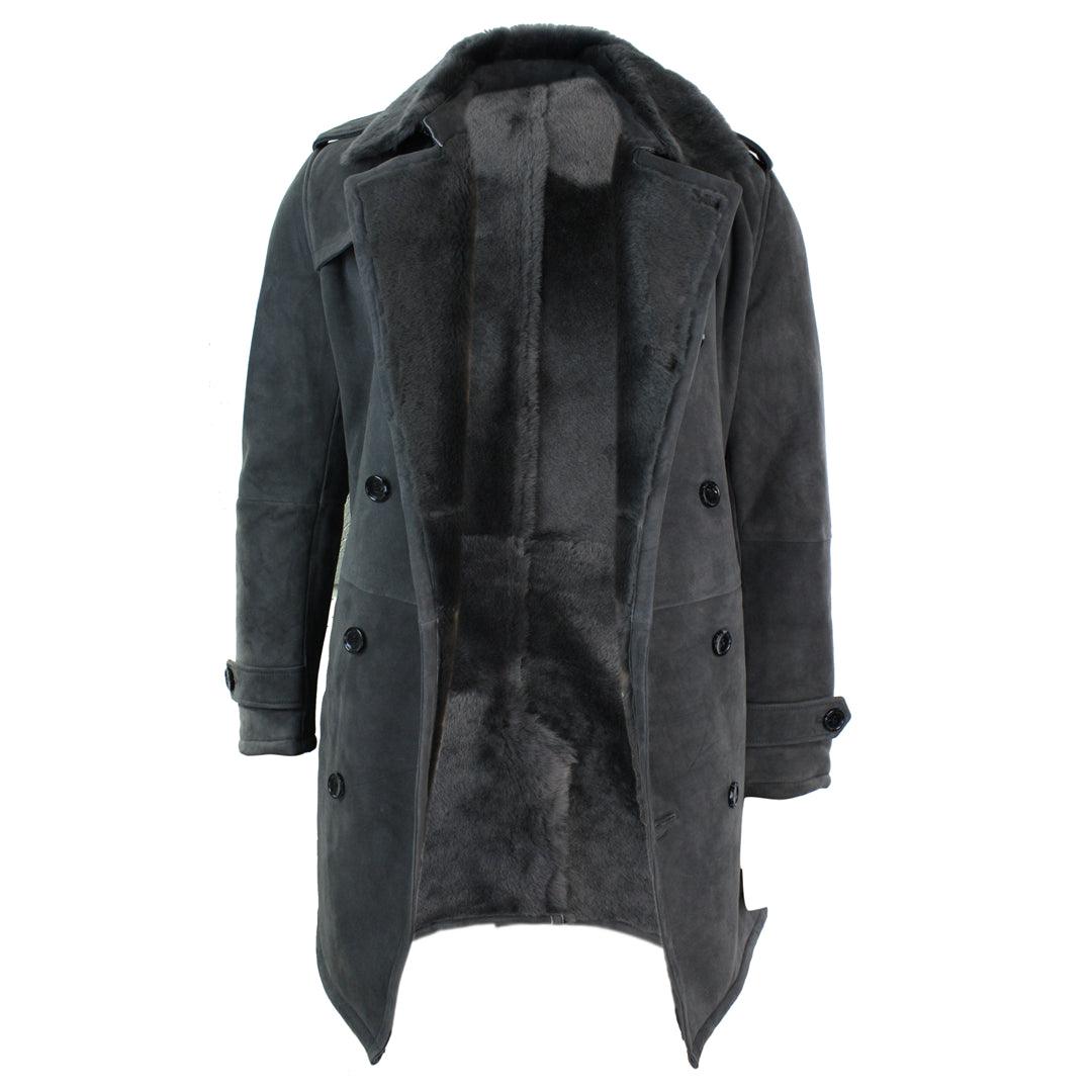 Mens Sherling Sheepskin Black Grey Double Breasted Belted Crombi 3/4 Overcoat - Knighthood Store