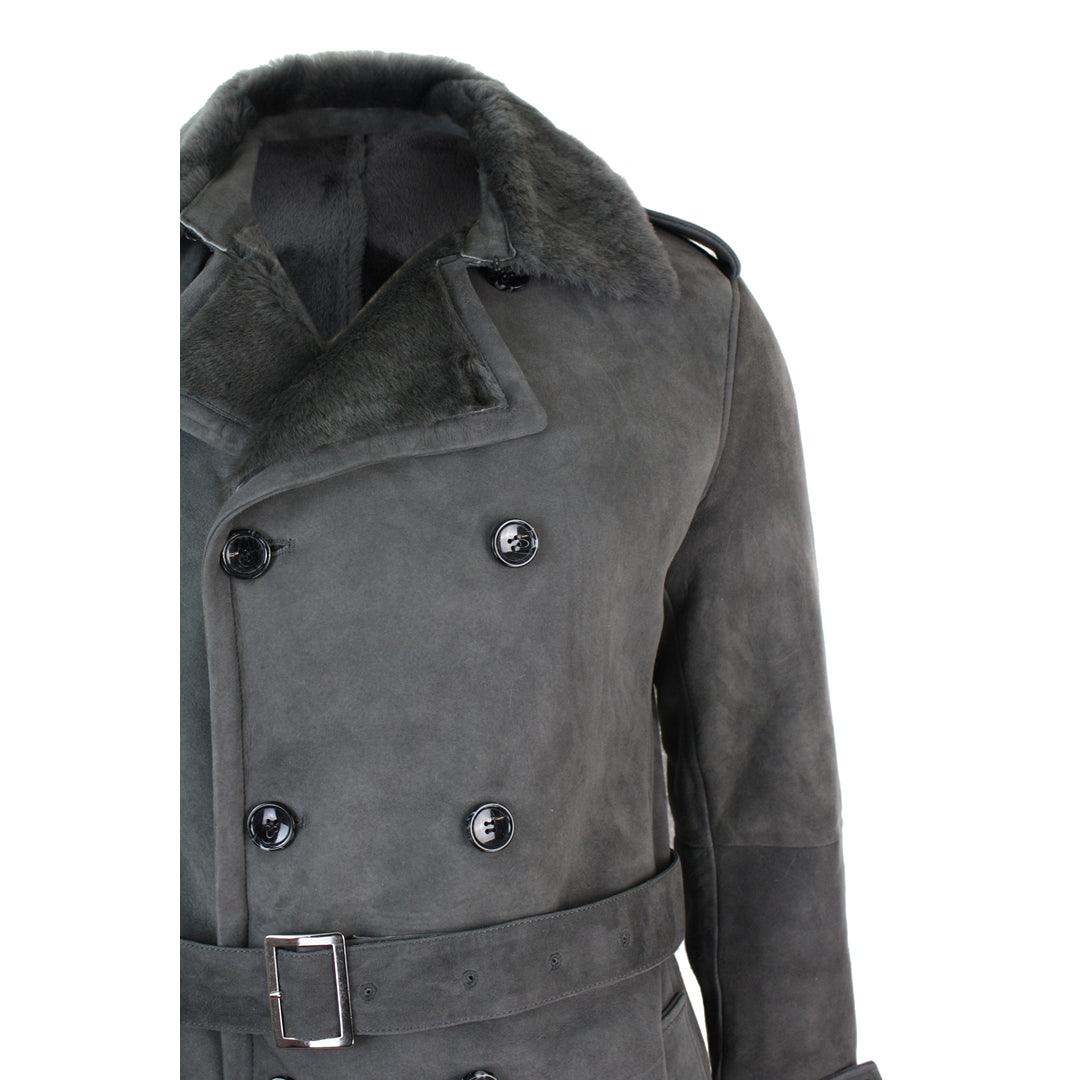 Mens Sherling Sheepskin Black Grey Double Breasted Belted Crombi 3/4 Overcoat - Knighthood Store