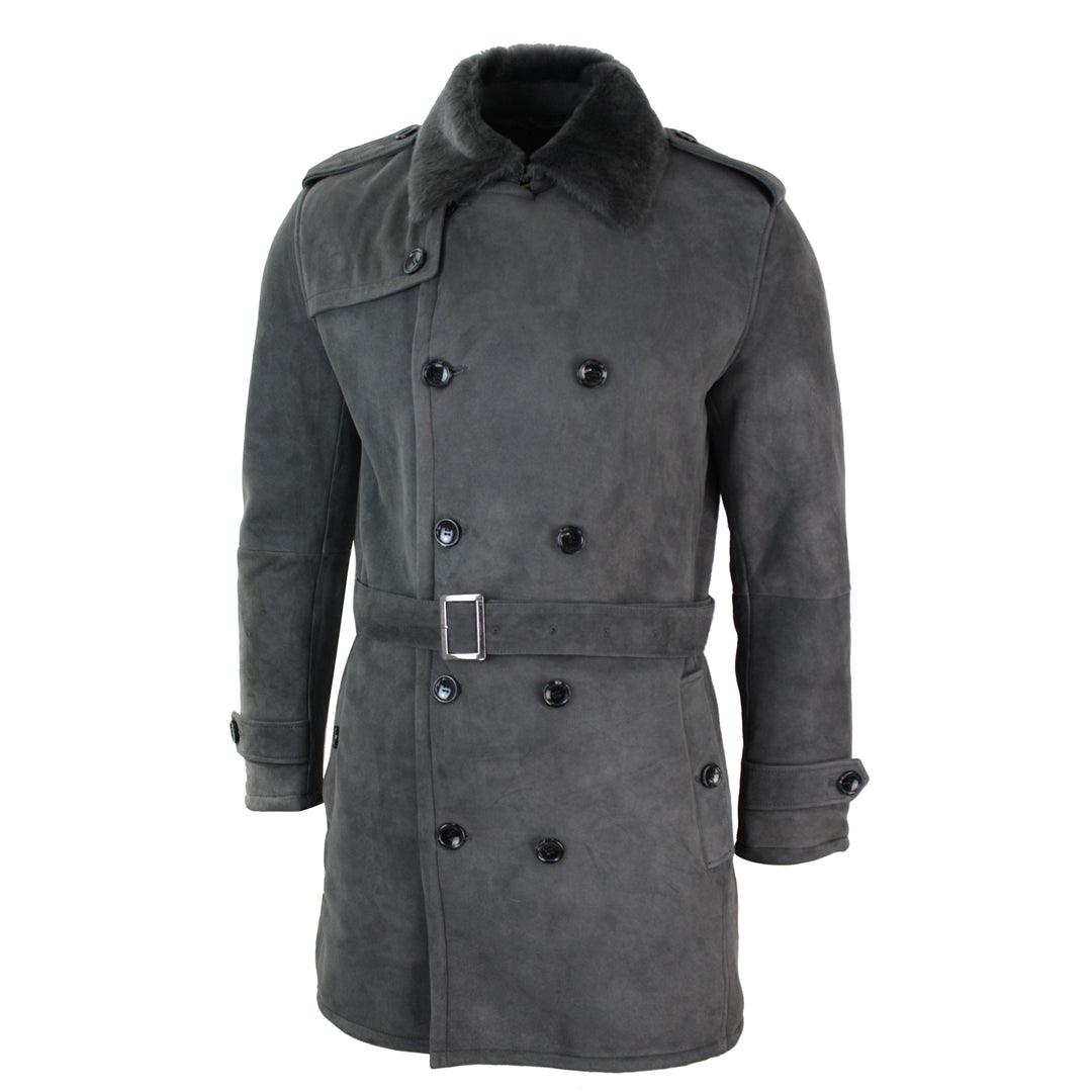 Mens Sherling Sheepskin Black Grey Double Breasted Belted Crombi 3/4 Overcoat - Knighthood Store