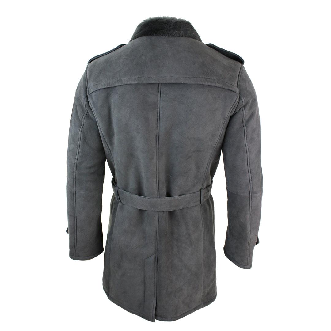 Mens Sherling Sheepskin Black Grey Double Breasted Belted Crombi 3/4 Overcoat - Knighthood Store