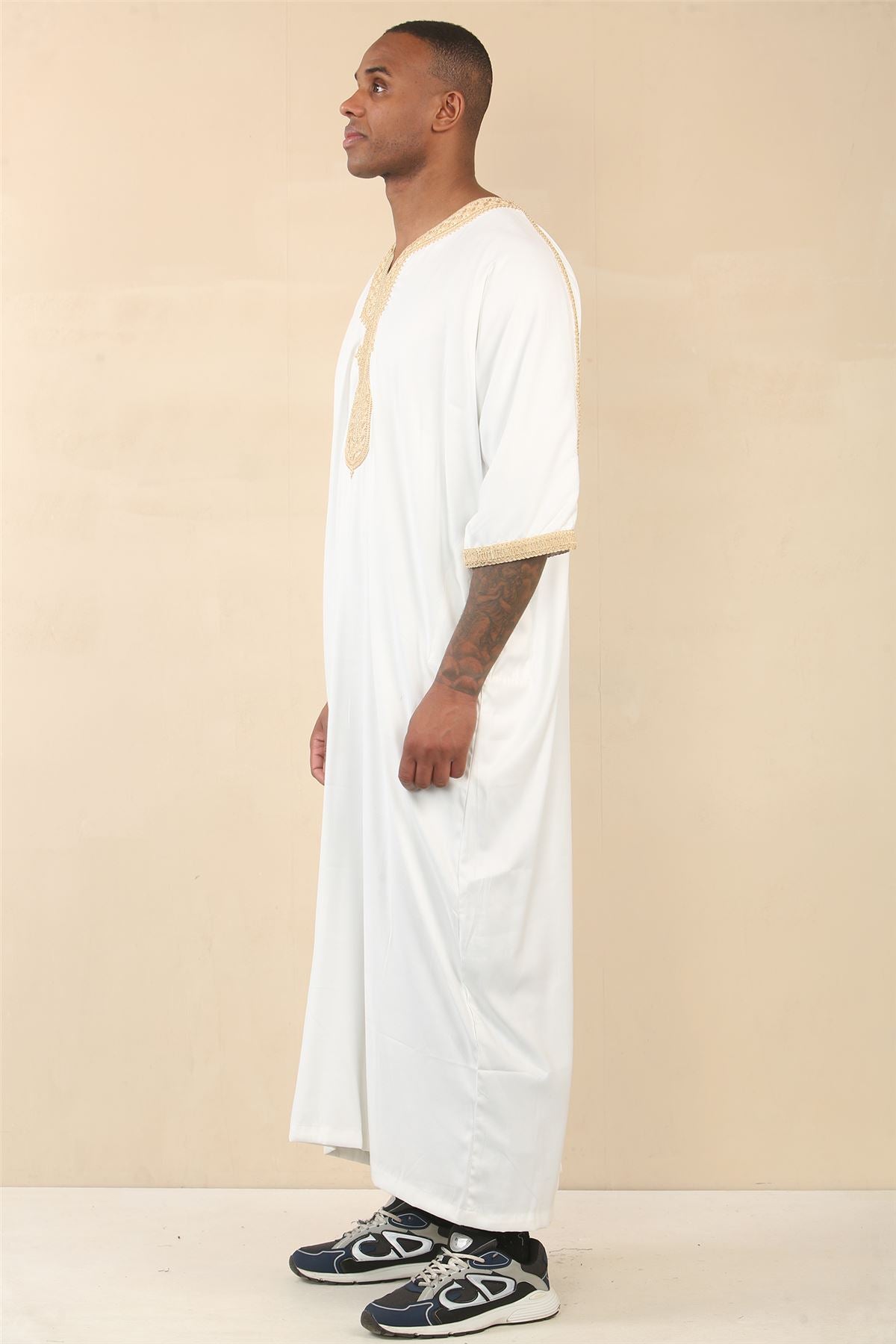 Men's Moroccan Thobe Short Sleeve Gandoura Embroidery Kaftan Jubba