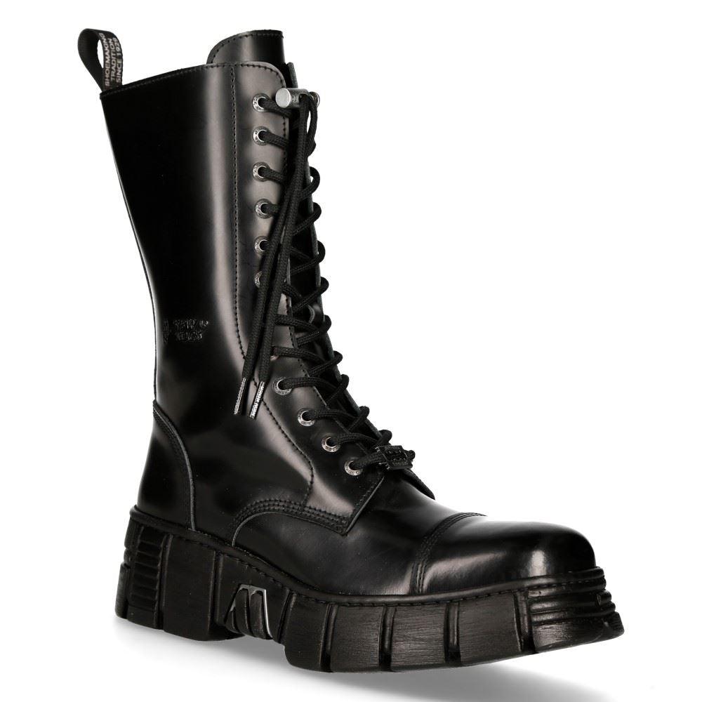 New Rock M-WALL127N-C1 Boots Black Leather Wall Rock Biker Mid-Calf Tower Boots - Knighthood Store