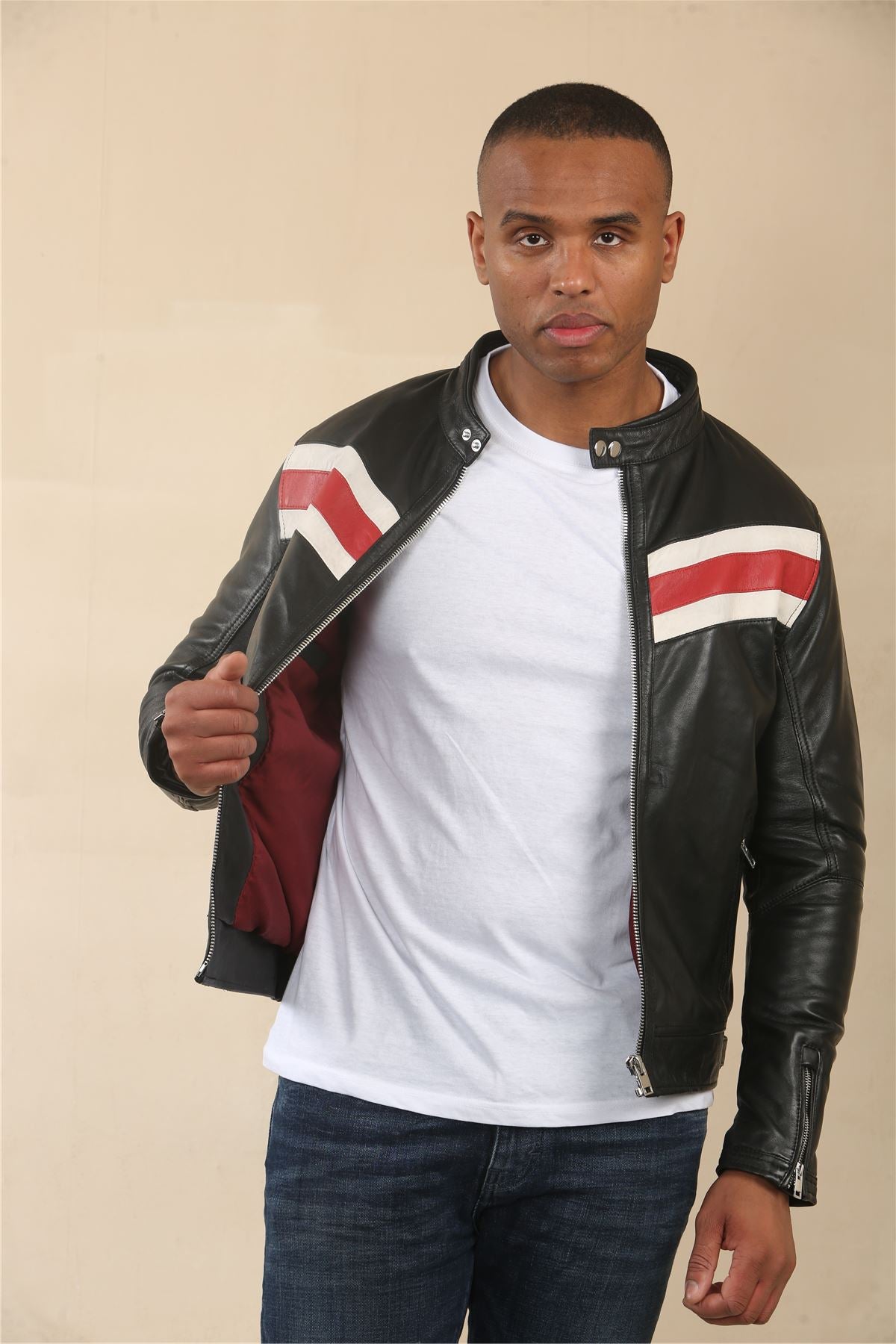 Men's Black Racer Striped Biker Leather Jacket